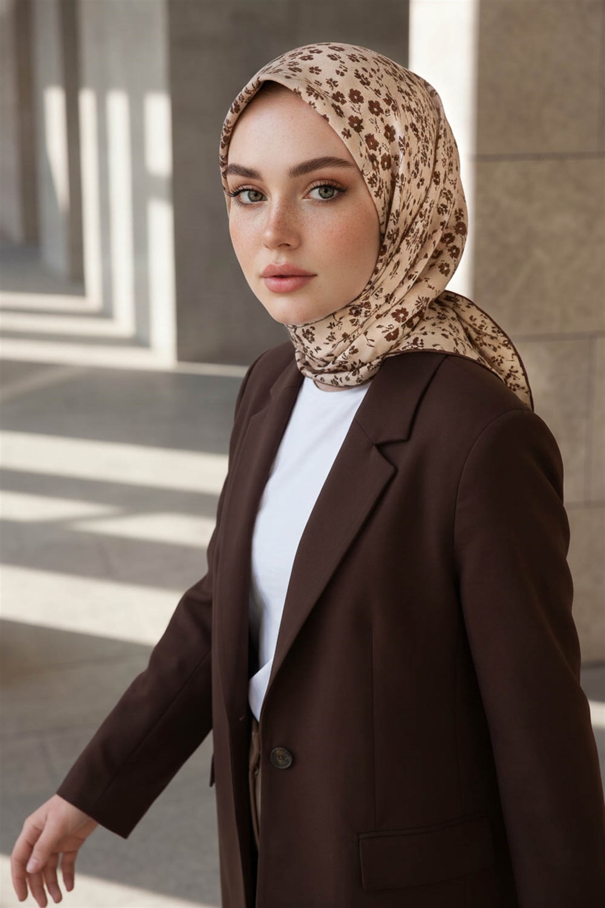 %100 Twill İpek Çıtır Çiçek Desenli Bej - Kahverengi Renkli 90x90 Eşarp Dikim Şekli : El Dikişi