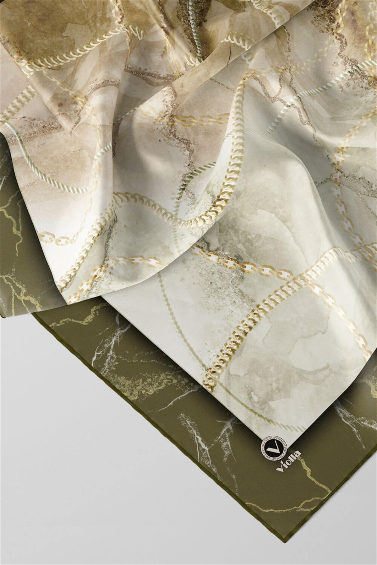 Twill Mermer ve Zincir Desenli Haki Renkli 90x90 Eşarp (İpek İçermez) Kenar Dikiş Şekli El Dikişli