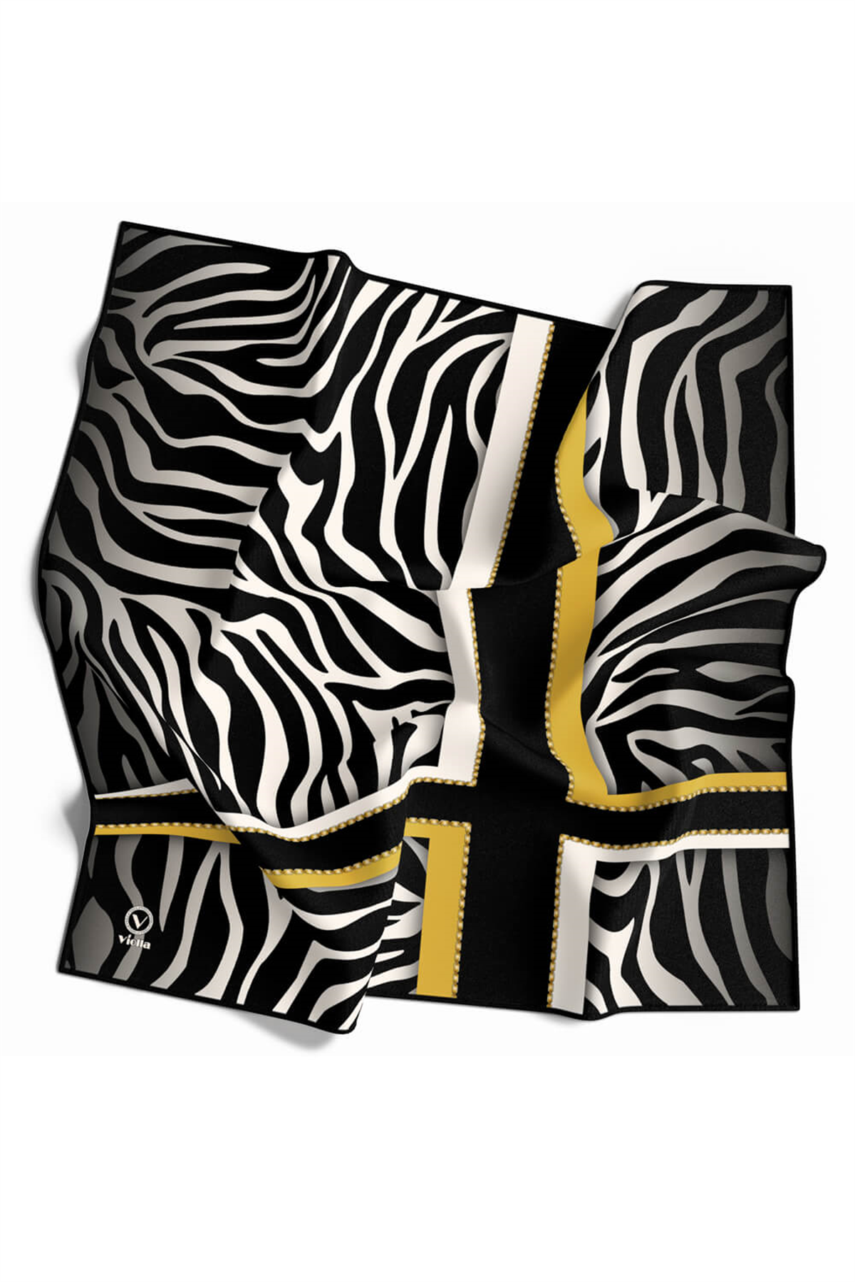 Twill Zebra Desenli Siyah - Sarı Renkli 90x90 Eşarp (İpek İçermez) Dikim Şekli : El Dikişi
