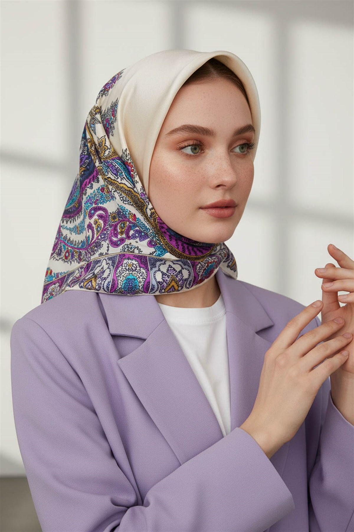 100% Twill İpek Etnik Desenli Krem - Fuşya Renkli 90x90 Dikim Şekli : El Dikişi Eşarp