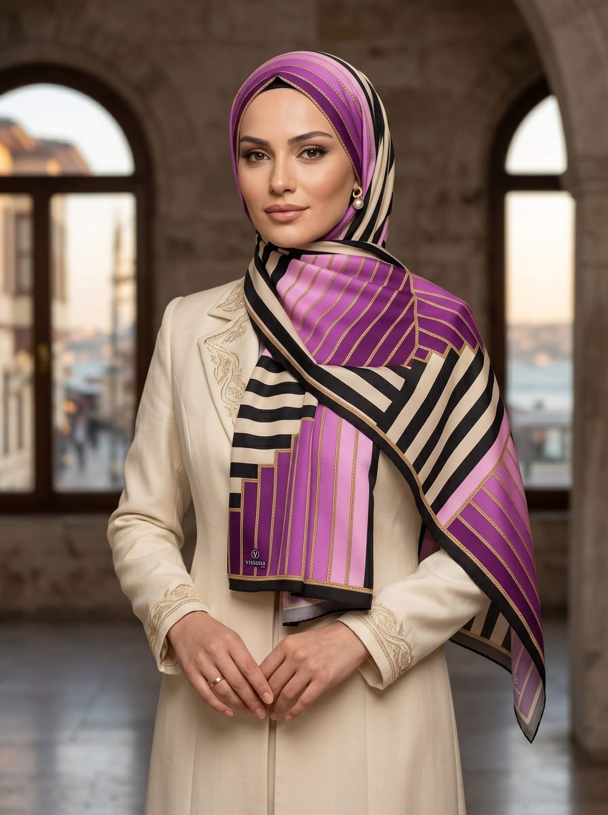 %100 İpek Şerit Desenli Mürdüm - Pembe Renkli 92x210 Şal