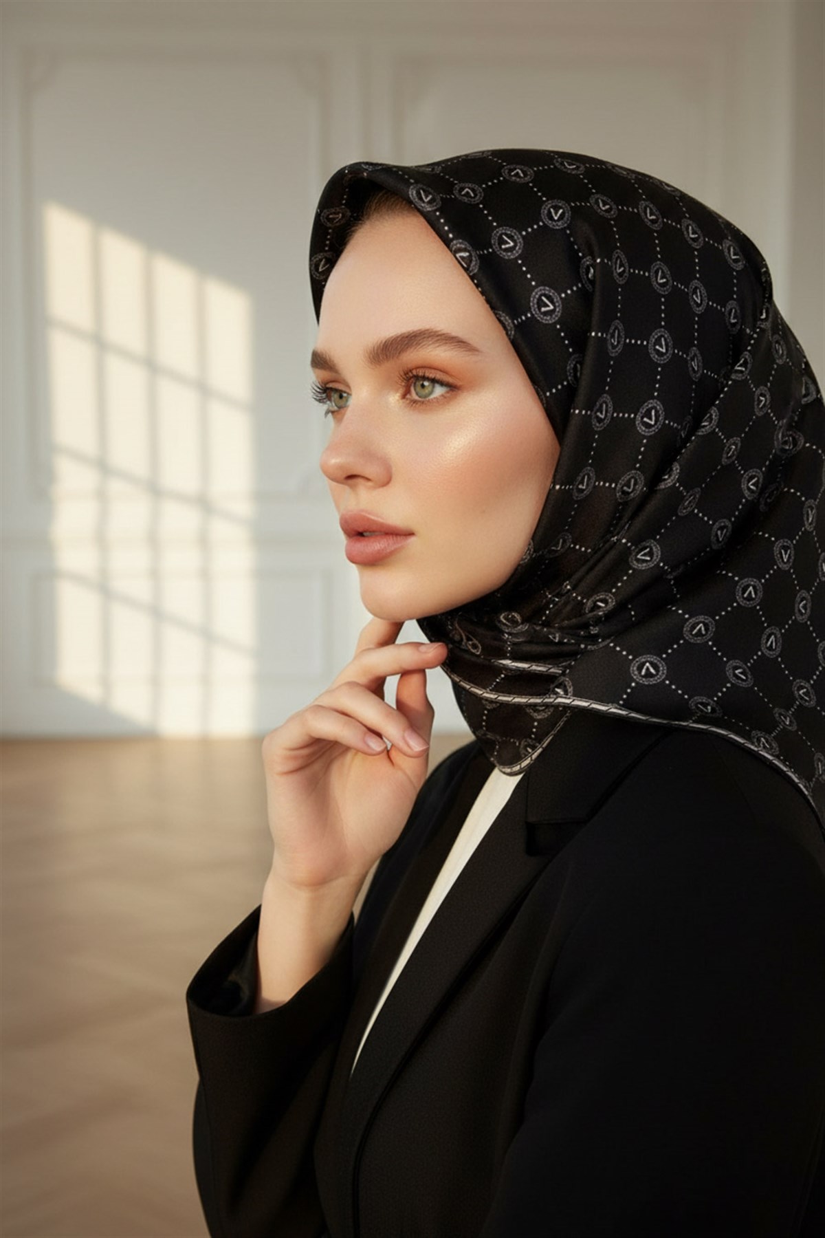%100 Twill İpek Monogram Desenli Siyah - Krem Renkli 90x90 Eşarp Dikim Şekli : El Dikişi