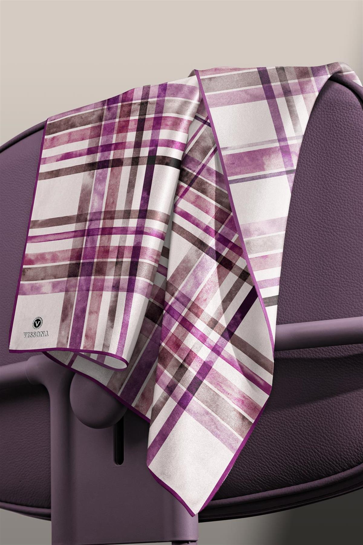 %100 Twill İpek Ekose Desenli Mürdüm - Vizon Renkli 90x90 Eşarp Kenar Dikiş Şekli El Dikişli