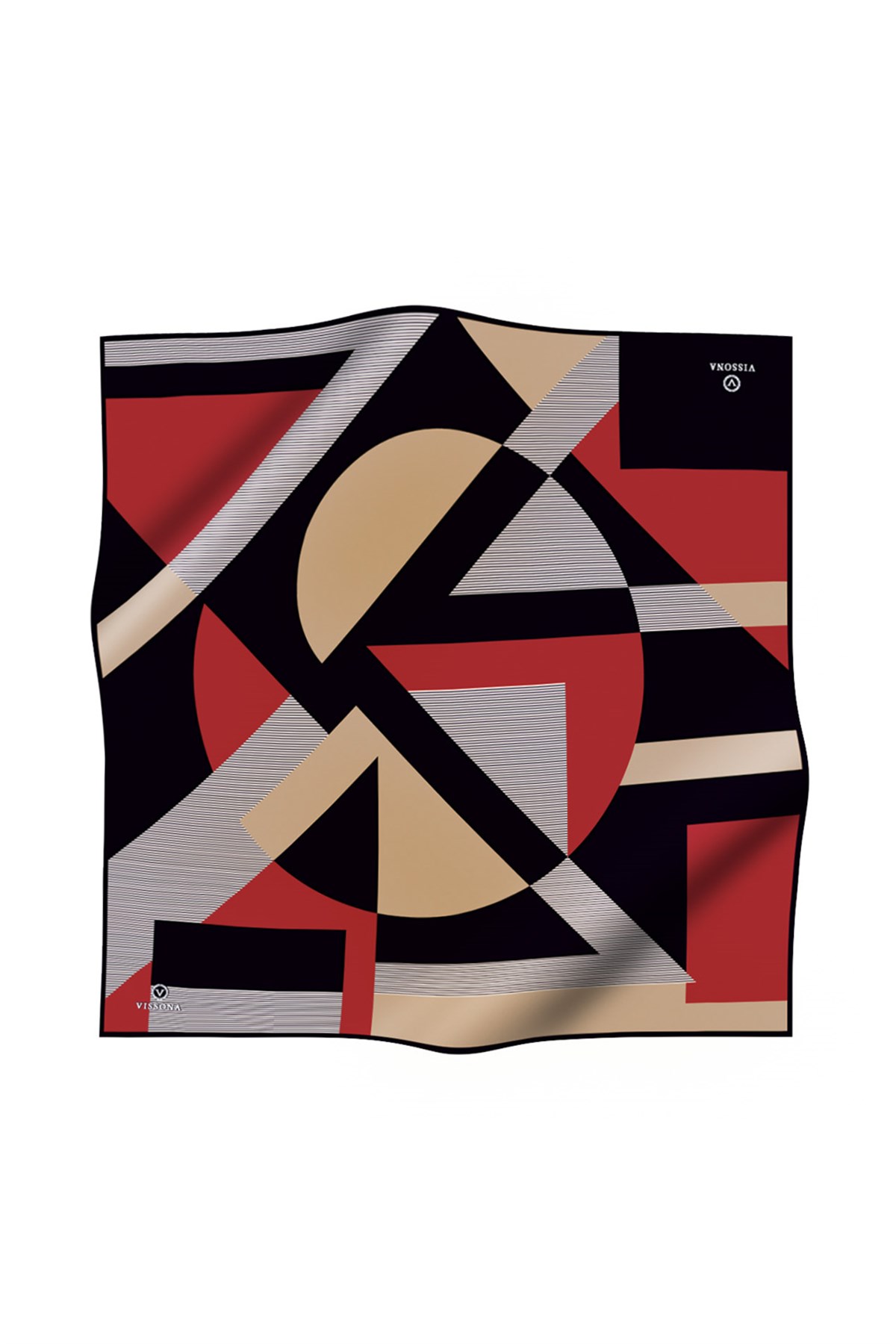 %100 Twill İpek Eşarp 90x90 Bej Kırmızı Geometrik Çizgi Desenli El Dikişli Kadın Eşarp