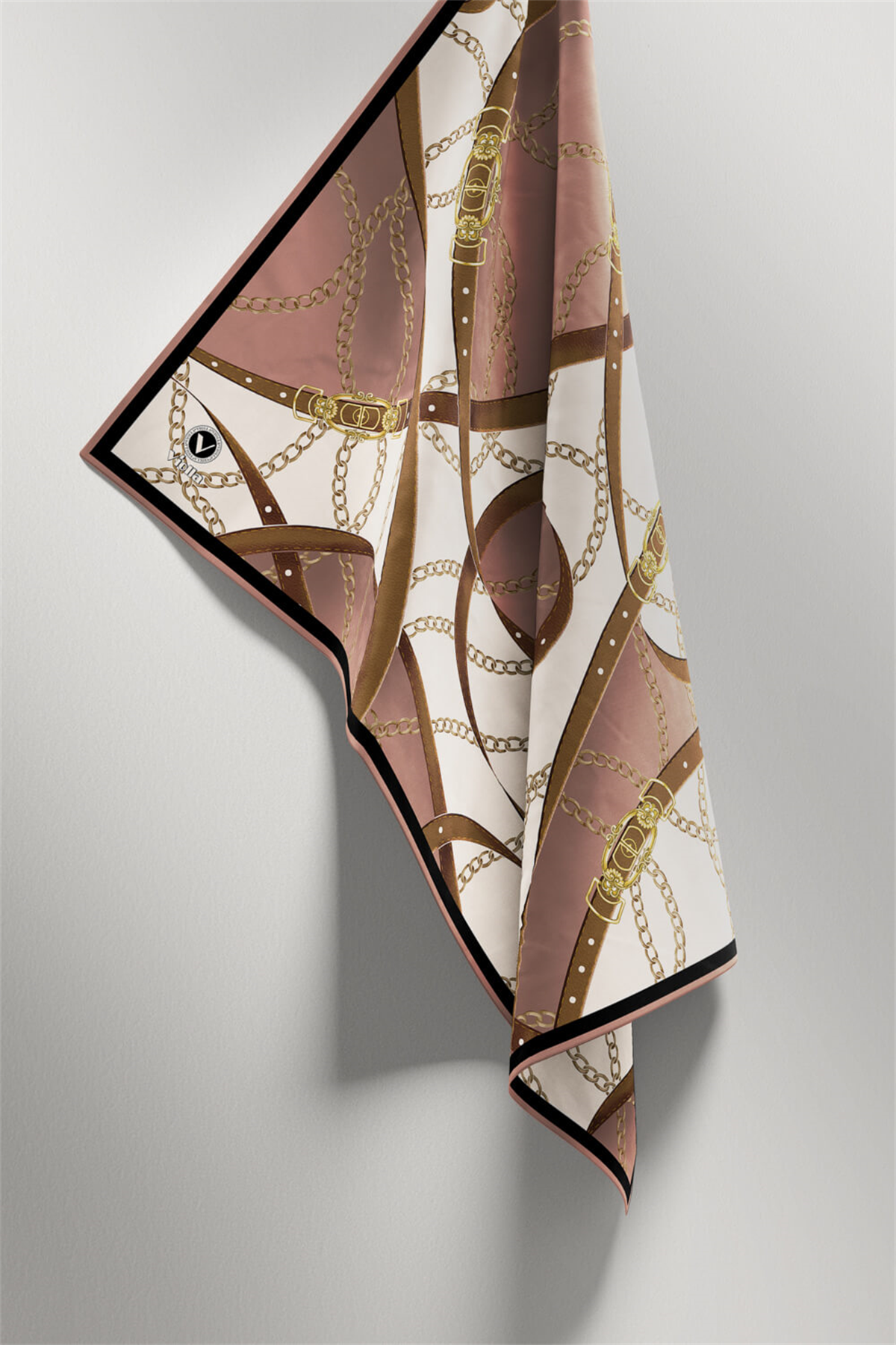 Twill Kemer ve Zincir Desenli Pudra Renkli 90x90 Eşarp (İpek İçermez) Kenar Dikiş Şekli El Dikişli