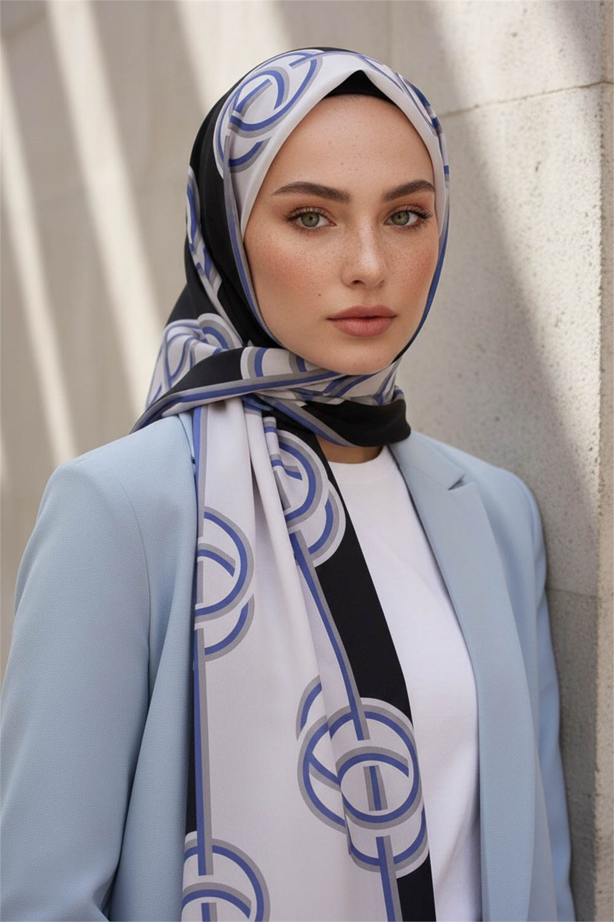 KREP ÇİZGİLİ DESENLİ İNDİGO RENKLİ 75X195 KIRIŞMAZ ŞAL