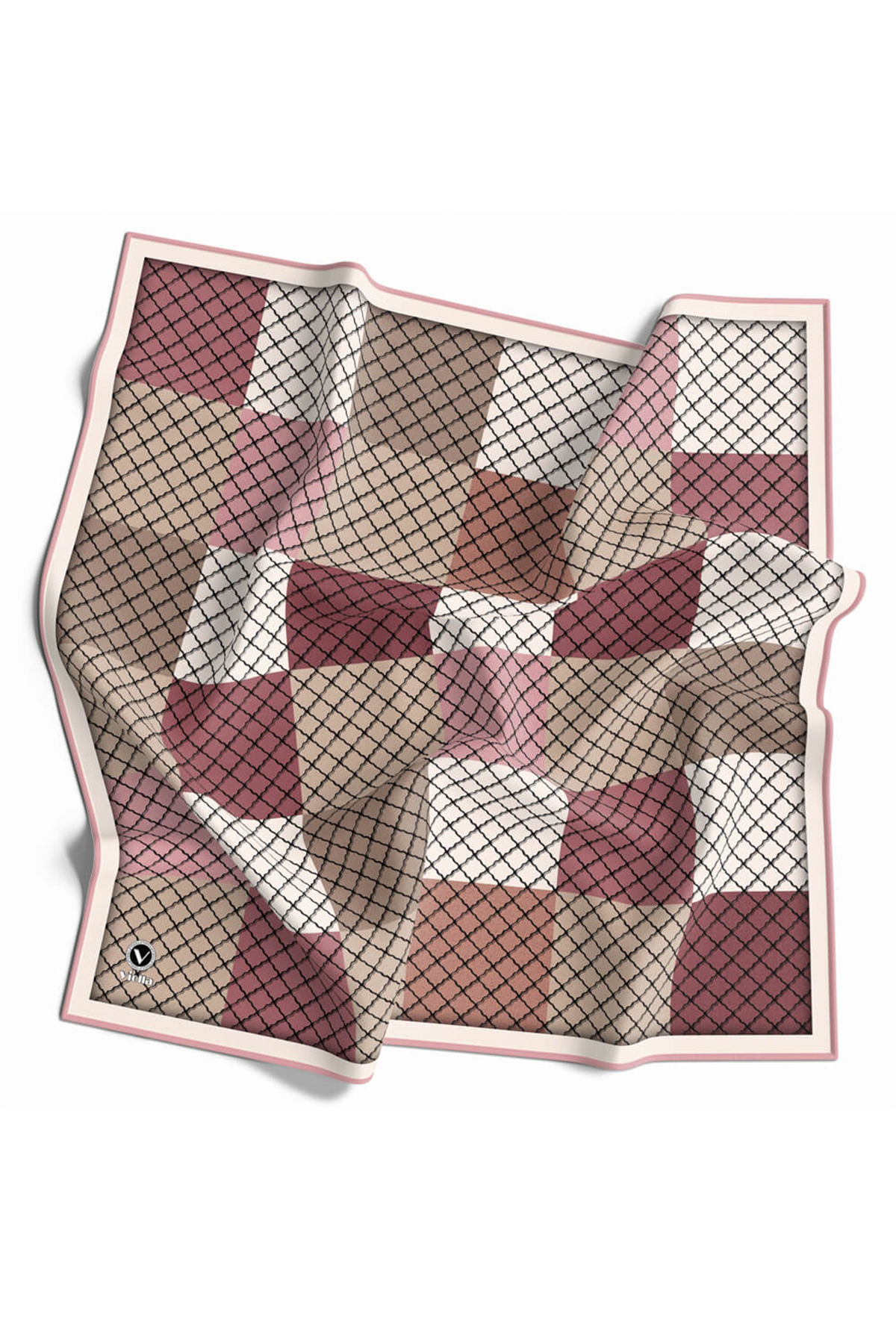 Twill Kare Desenli Pudra Renkli 90x90 Eşarp (İpek İçermez) Kenar Dikiş Şekli El Dikişli