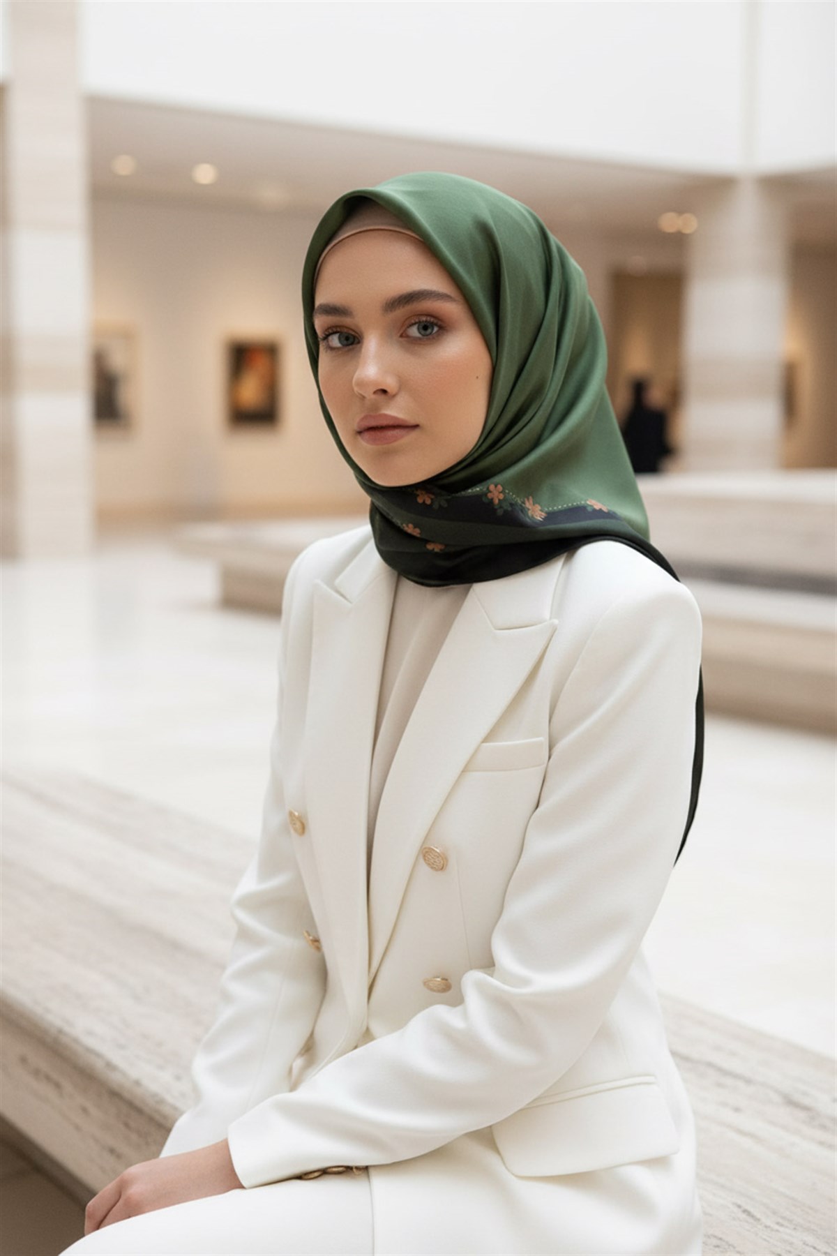 %100 Twill İpek Kenar Motifi Çiçek Desenli Haki - Gold Renkli 90x90 Eşarp Dikim Şekli : El Dikişi