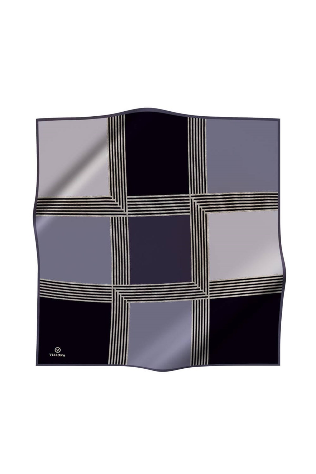 %100 Twill İpek Geometrik Desenli Gri Renkli 90x90 Eşarp Dikim Şekli : El Dikişi