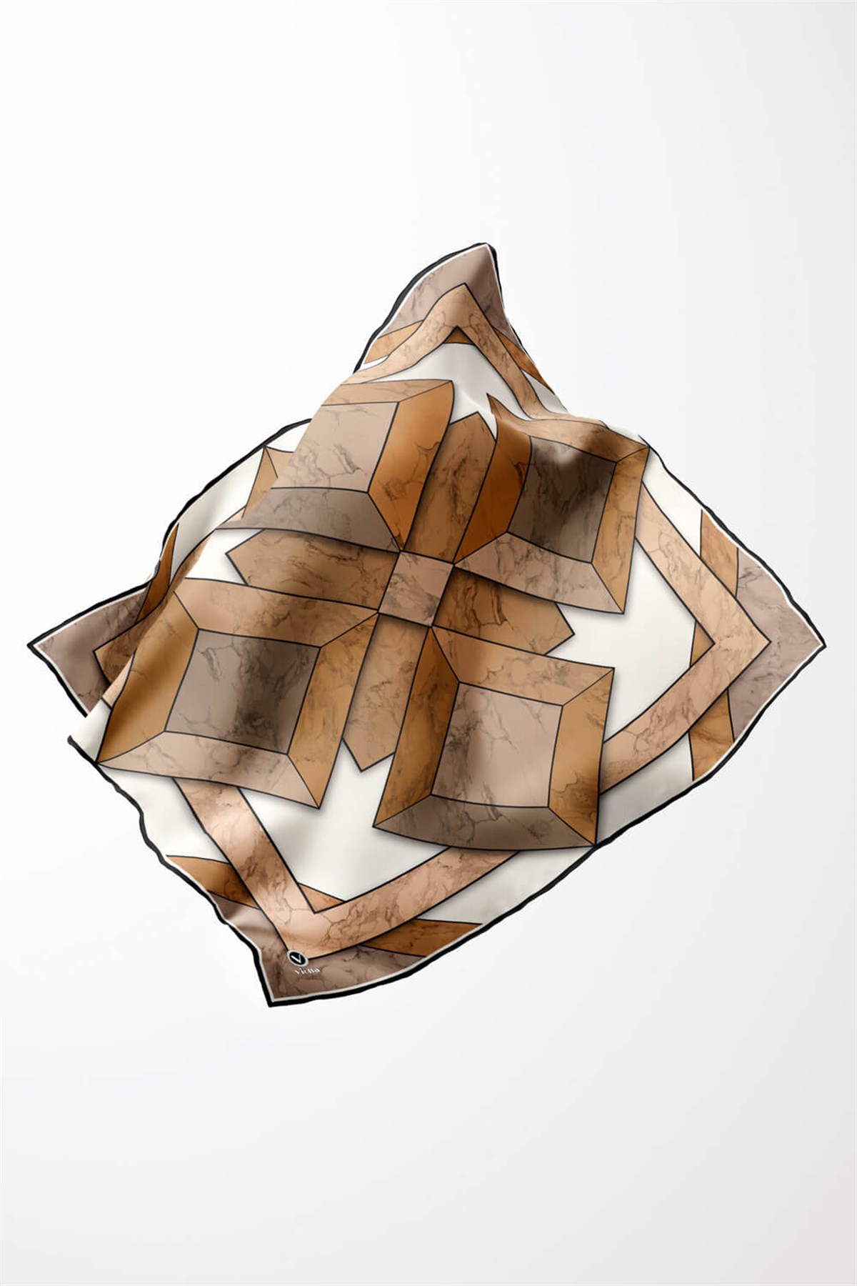 Twill Mermer Desenli Hardal - Bej Renkli 90x90 Eşarp (İpek İçermez) Kenar Dikiş Şekli El Dikişli