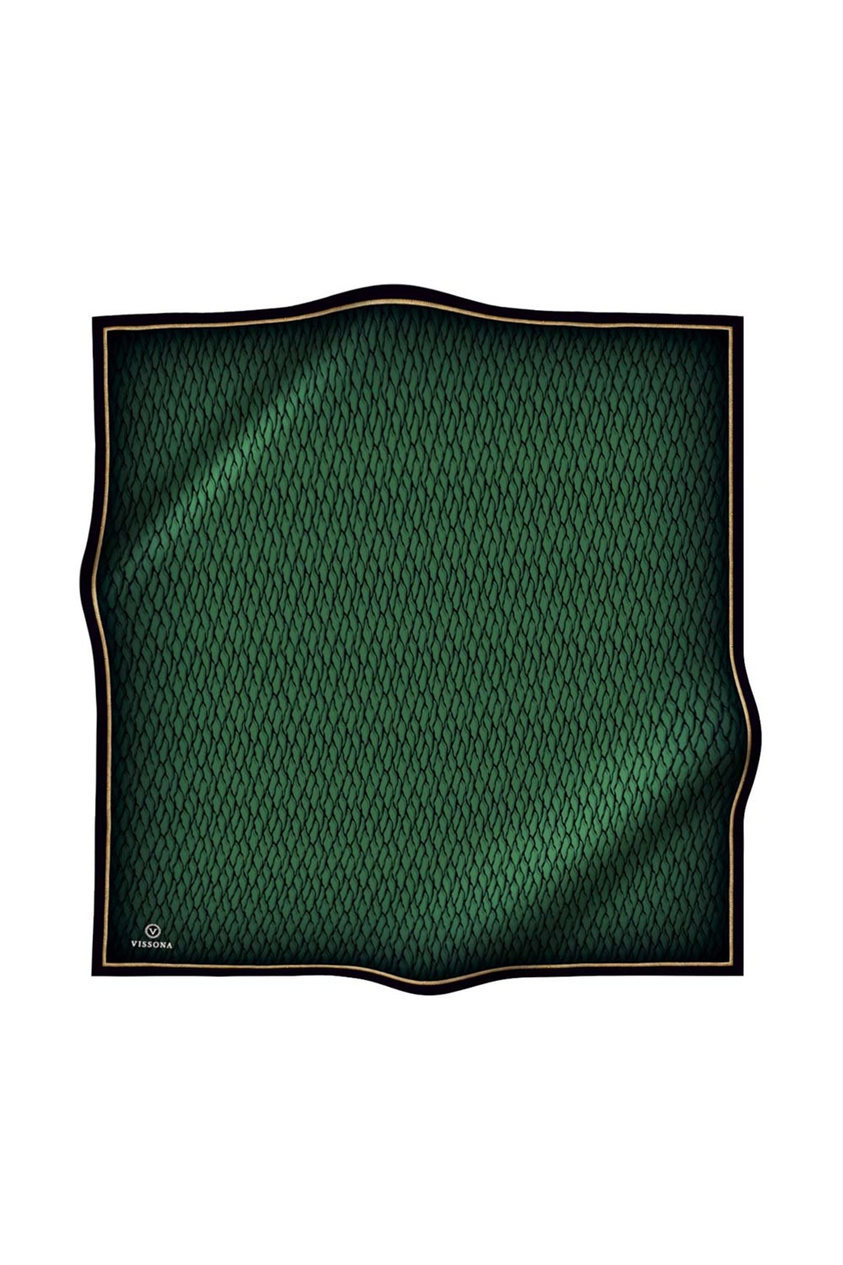 %100 Twill İpek File Desenli Zümrüt Yeşili - Siyah Renkli 90x90 Eşarp Dikim Şekli : El Dikişi