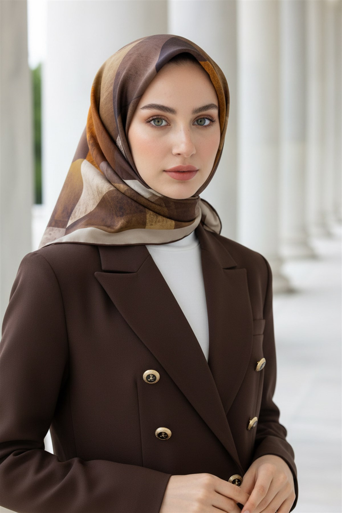 %100 Twill İpek Geometrik Desenli Taba - Kahverengi Renkli 90x90 Eşarp Dikim Şekli : El Dikişi