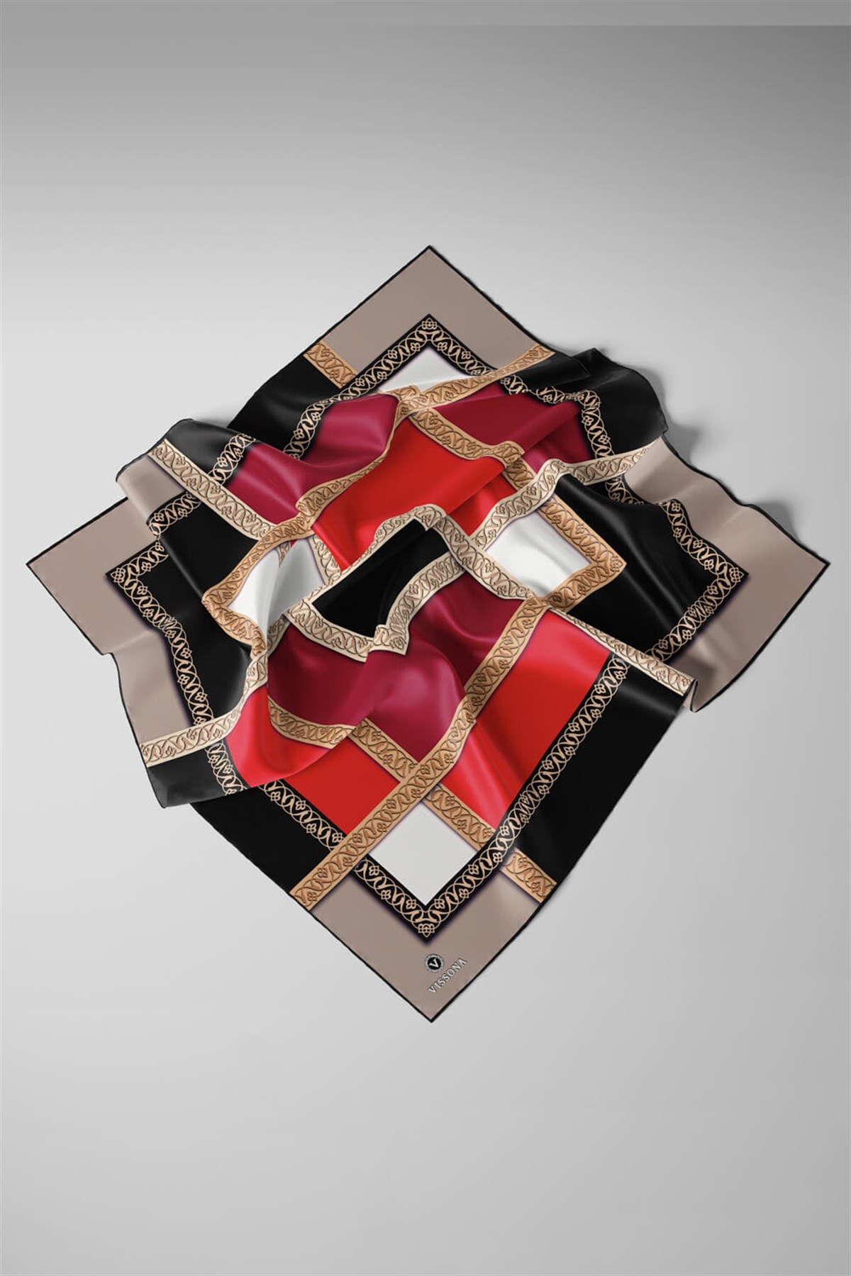 %100 Twill İpek Geometrik Desenli Kırmızı - Bej Renkli 90x90 Eşarp Dikim Şekli : El Dikişi