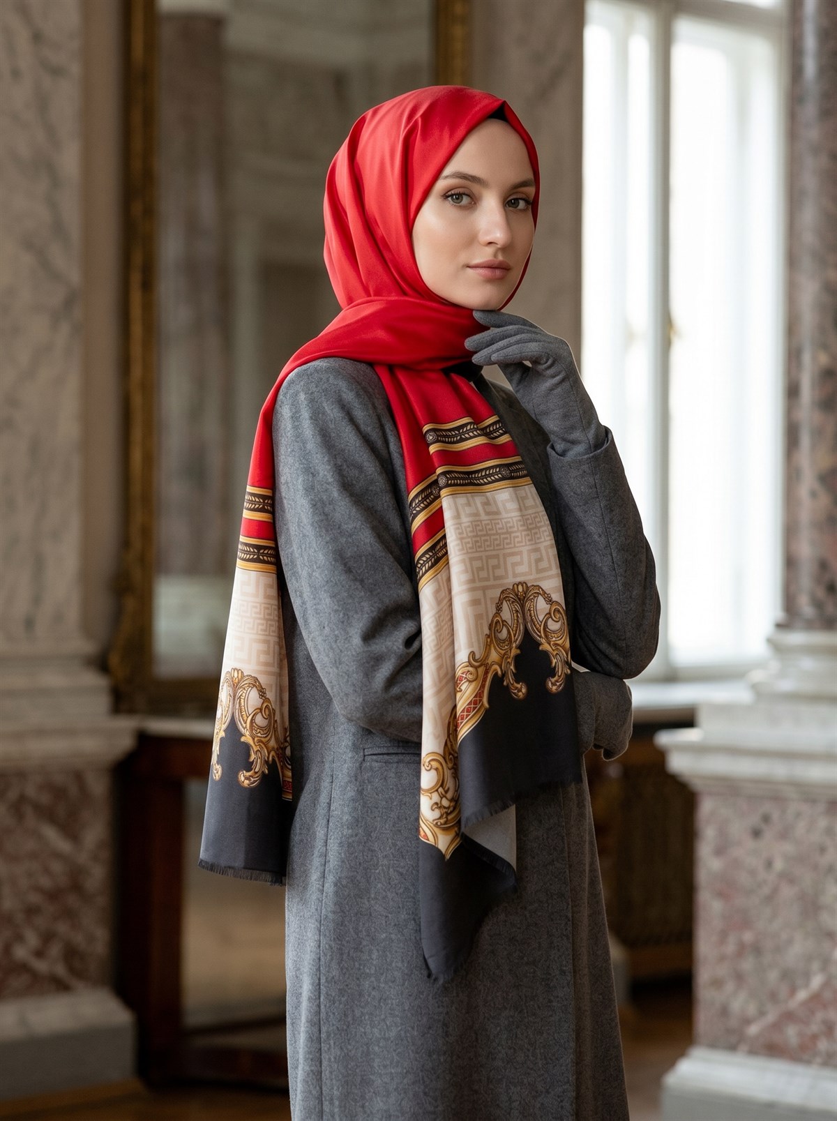 %100 Saf İpek Şal İnce Saten Vual Dokuma Barok Desenli 90x210 Şal