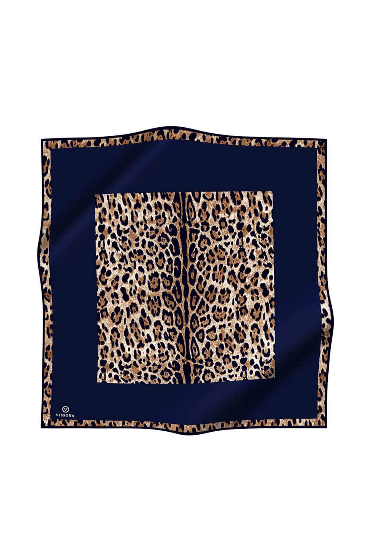 %100 Twill İpek Leopar Desenli Lacivert Renkli 90x90 Eşarp Dikim Şekli : El Dikişi