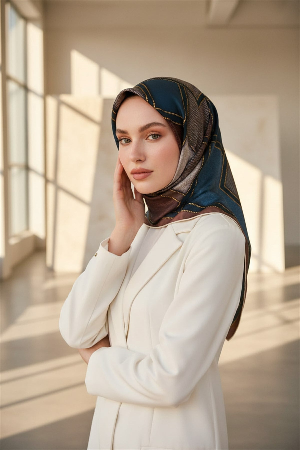 100% Twill İpek Gold Detaylı Kare Desenli Gül Kurusu - Petrol Yeşili Renkli 90x90 Dikim Şekli : El Dikişi