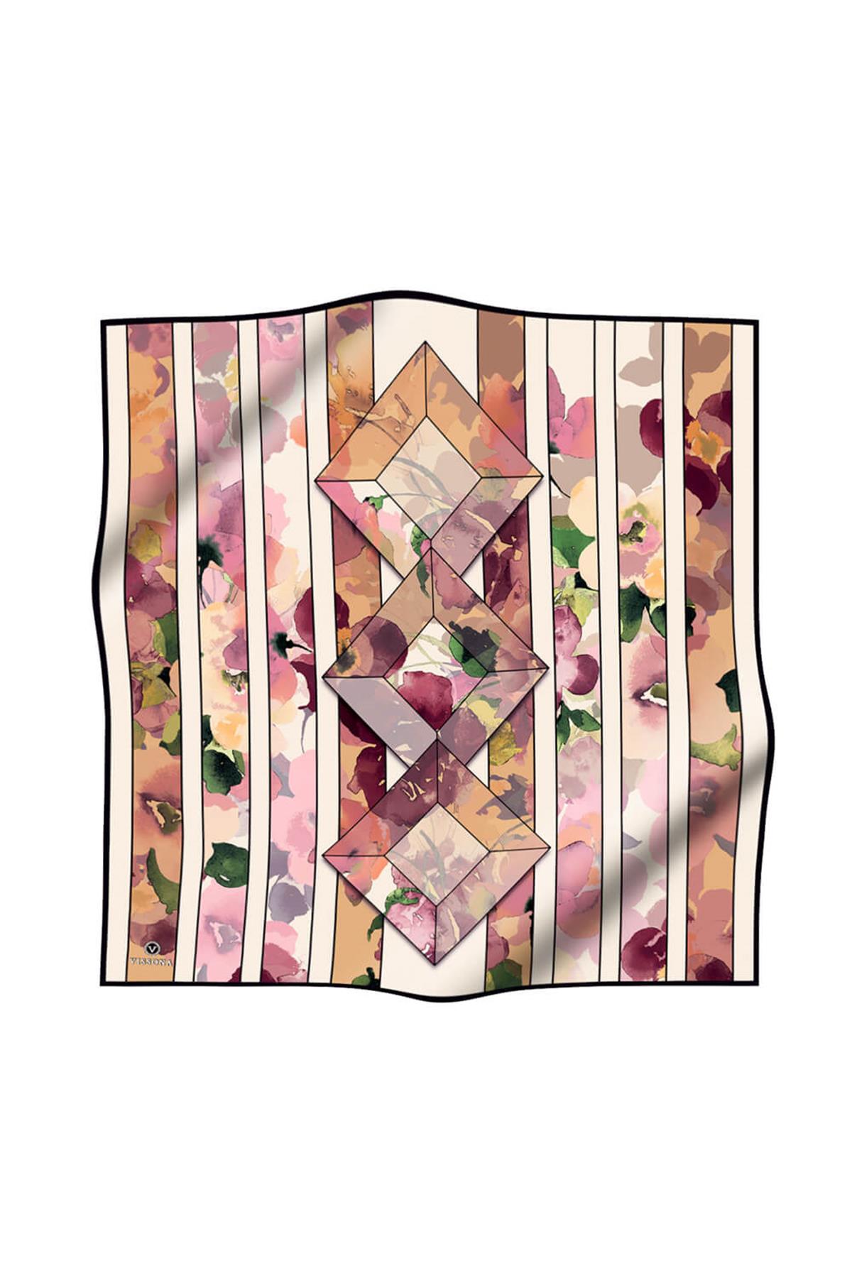 %100 Twill İpek Bahar Çiçekleri Desenli Gül Kurusu - Bej Renkli 90x90 Eşarp Kenar Dikiş Şekli El Dikişli