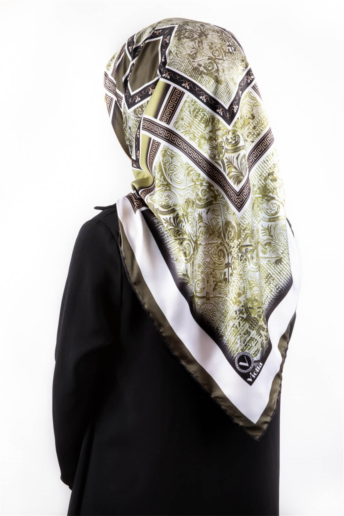 Twill Geometrik Desenli Haki Renkli 90x90 Eşarp (İpek İçermez) Kenar Dikiş Şekli El Dikişli