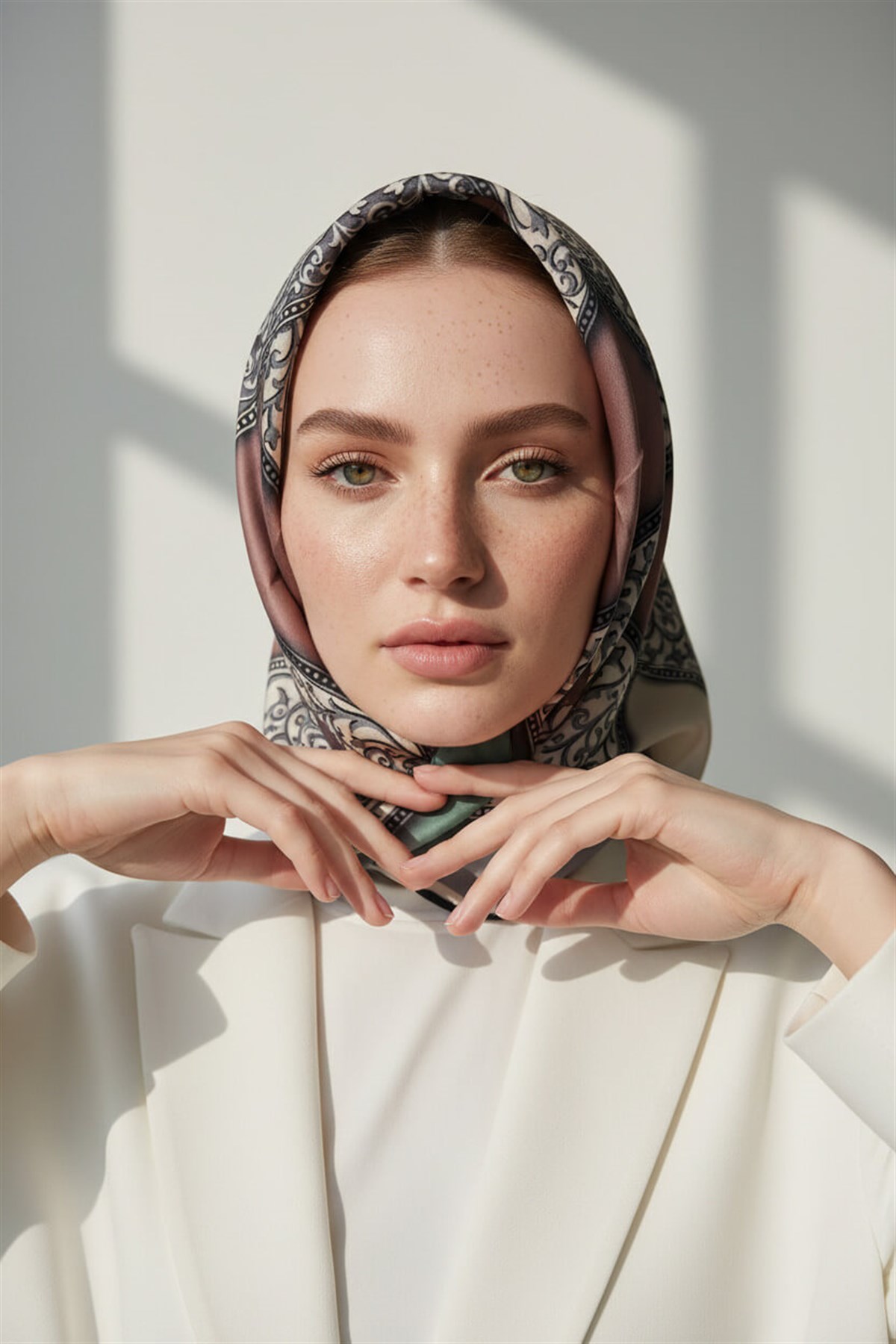 %100 Twill İpek Geometrik Desenli Gri - Pudra Renkli 90x90 Eşarp Dikim Şekli : El Dikişi