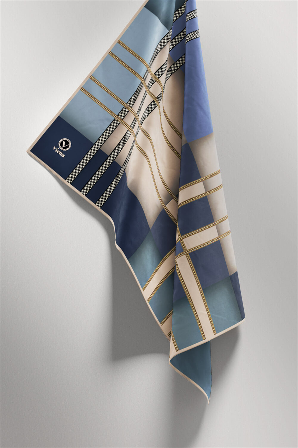 Twill Geometrik Desenli Bebe Mavisi Renkli 90x90 Eşarp (İpek İçermez) Kenar Dikiş Şekli El Dikişli