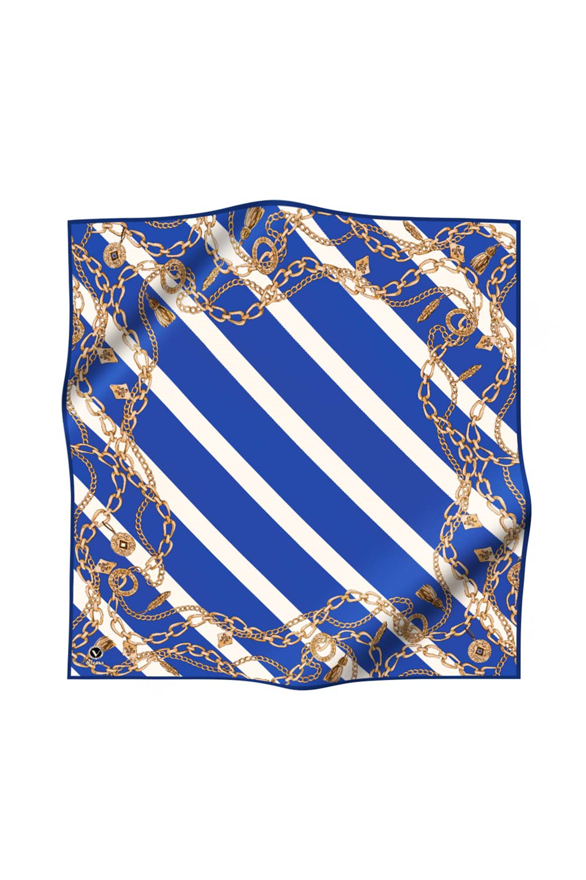 Twill Çizgili Zincir Desenli Saks Renkli 90x90 Eşarp (İpek İçermez) Kenar Dikiş Şekli El Dikişli