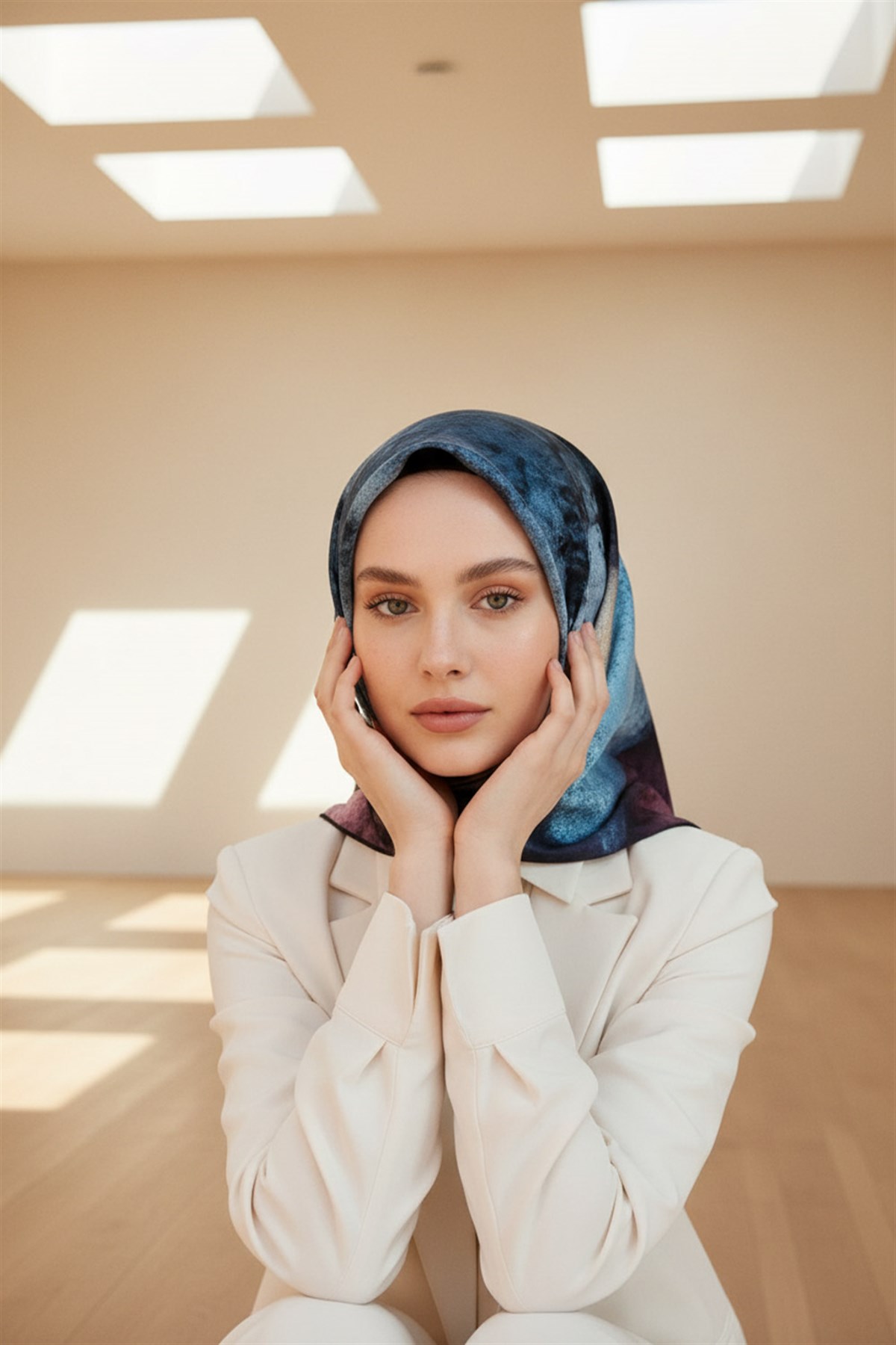 % 57 İPEK % 43 VİSKON Twill İpek Dokulu Ve Geometrik Desenli Mint Yeşili - Lila Renkli 90x90 Eşarp Dikim Şekli : El Dikişi