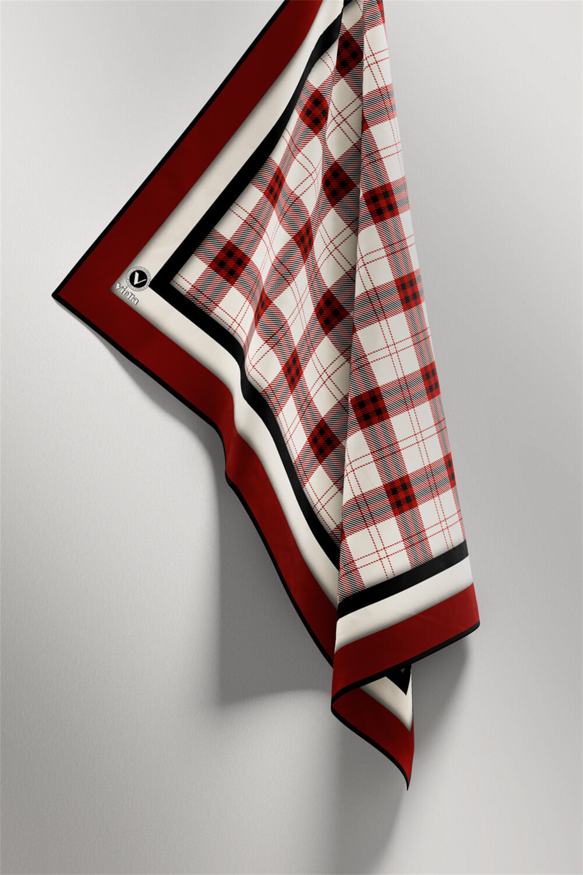 Twill Ekose Desenli Bordo Renkli 90x90 Eşarp (İpek İçermez) Kenar Dikiş Şekli El Dikişli