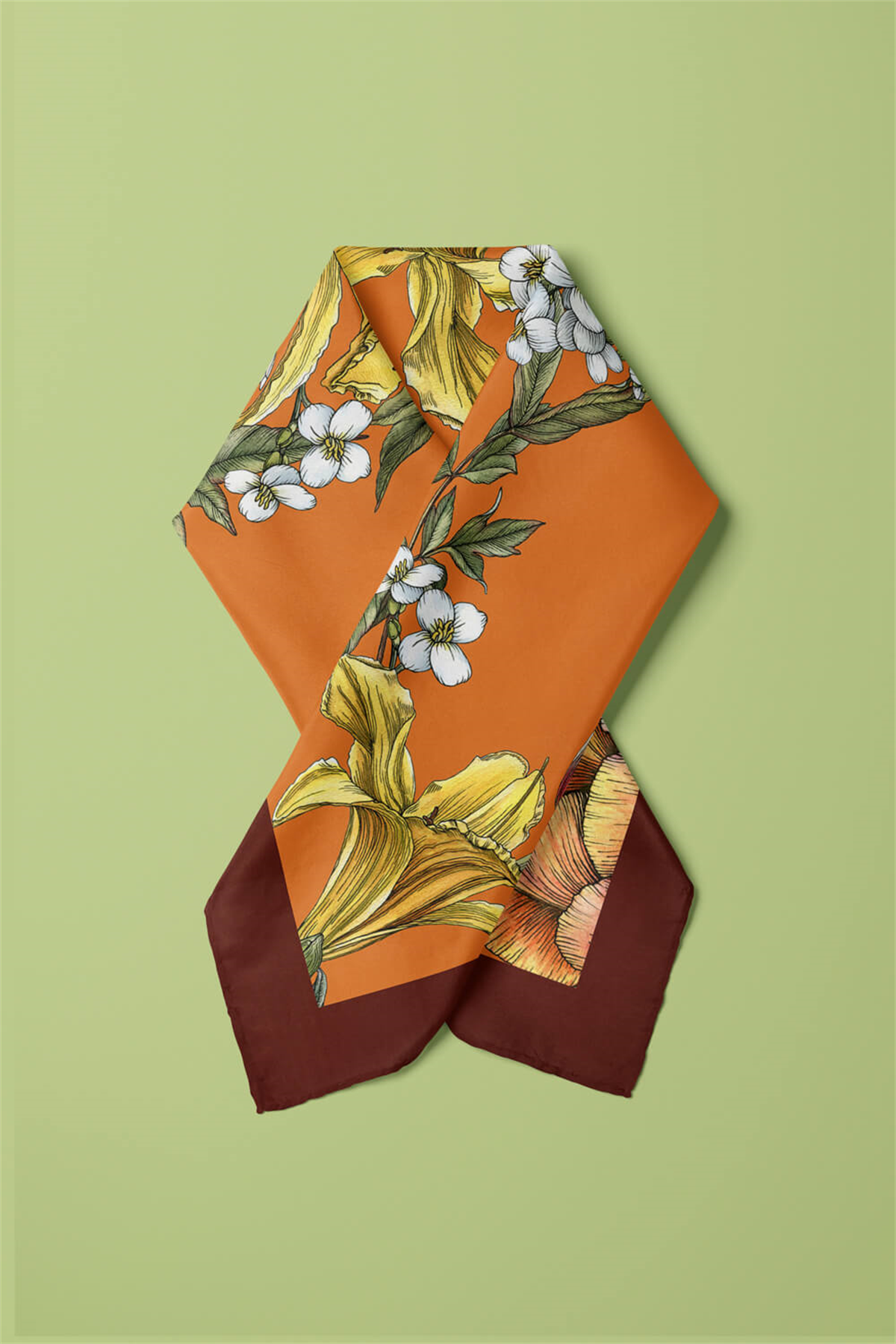 Kadın Çiçek Desenli Bandana 50x50 Turuncu Sarı Beyaz DG0477-22 Snz