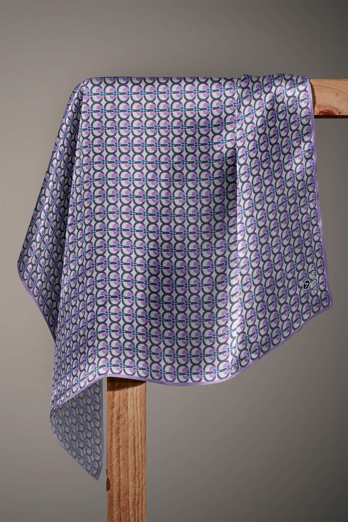 %100 Twill İpek Geometrik Desenli Lila Renkli 90x90 Eşarp Dikim Şekli : El Dikişi