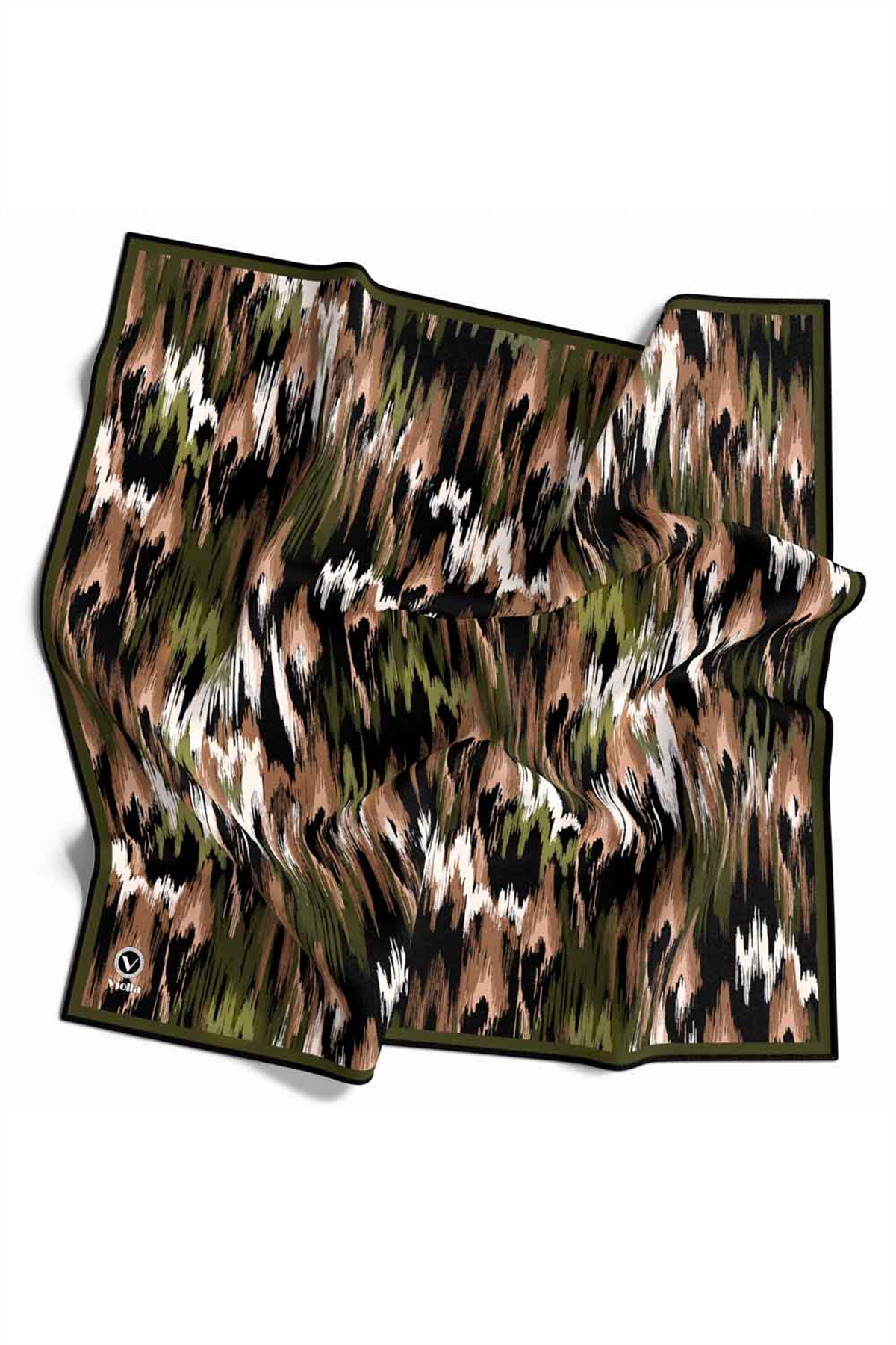 Twill Fırça Desenli Haki Renkli 90x90 Eşarp (İpek İçermez) Kenar Dikiş Şekli El Dikişli