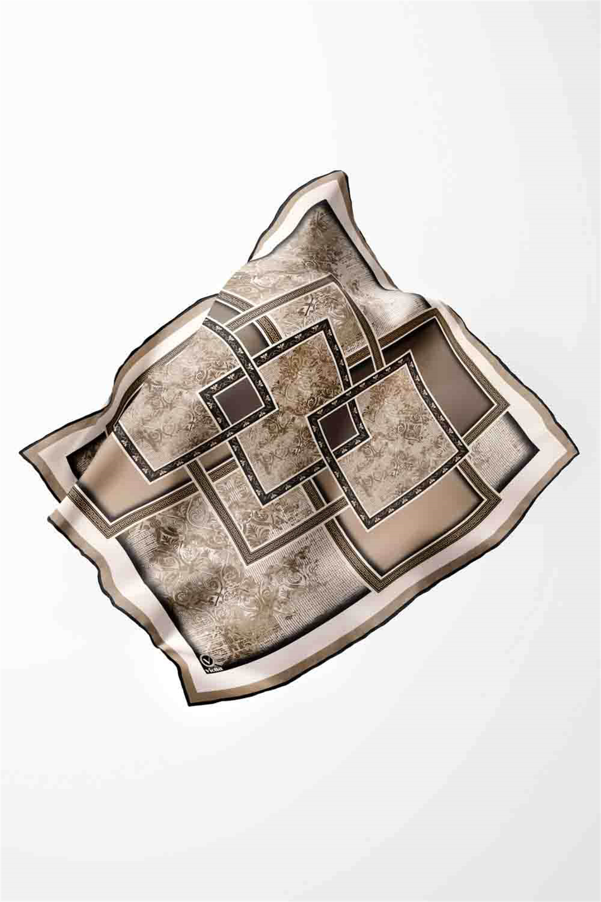 Twill Geometrik Desenli Bej Renkli 90x90 Eşarp (İpek İçermez) Kenar Dikiş Şekli El Dikişli