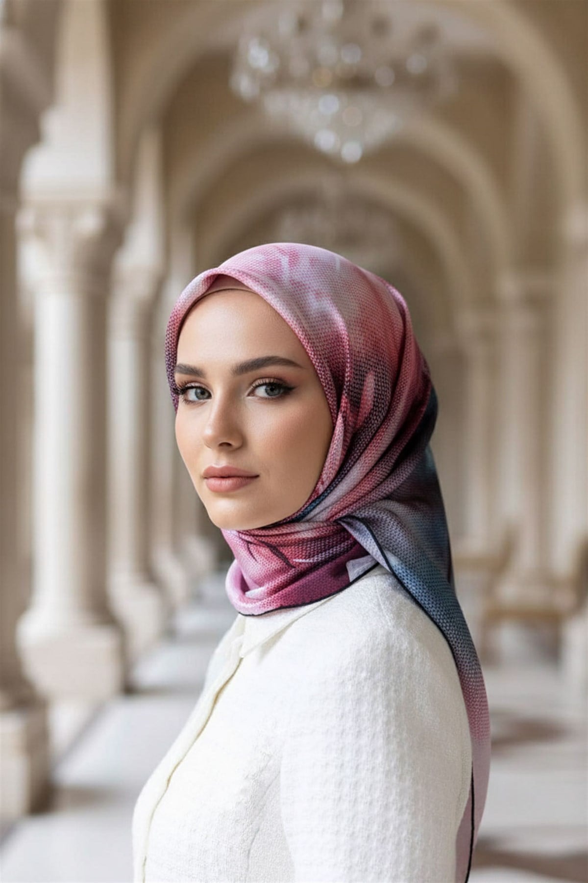 %100 Twill İpek Dokulu Ve Çiçek Desenli Gül Kurusu - İndigo Renkli 90x90 Eşarp Dikim Şekli : El Dikişi