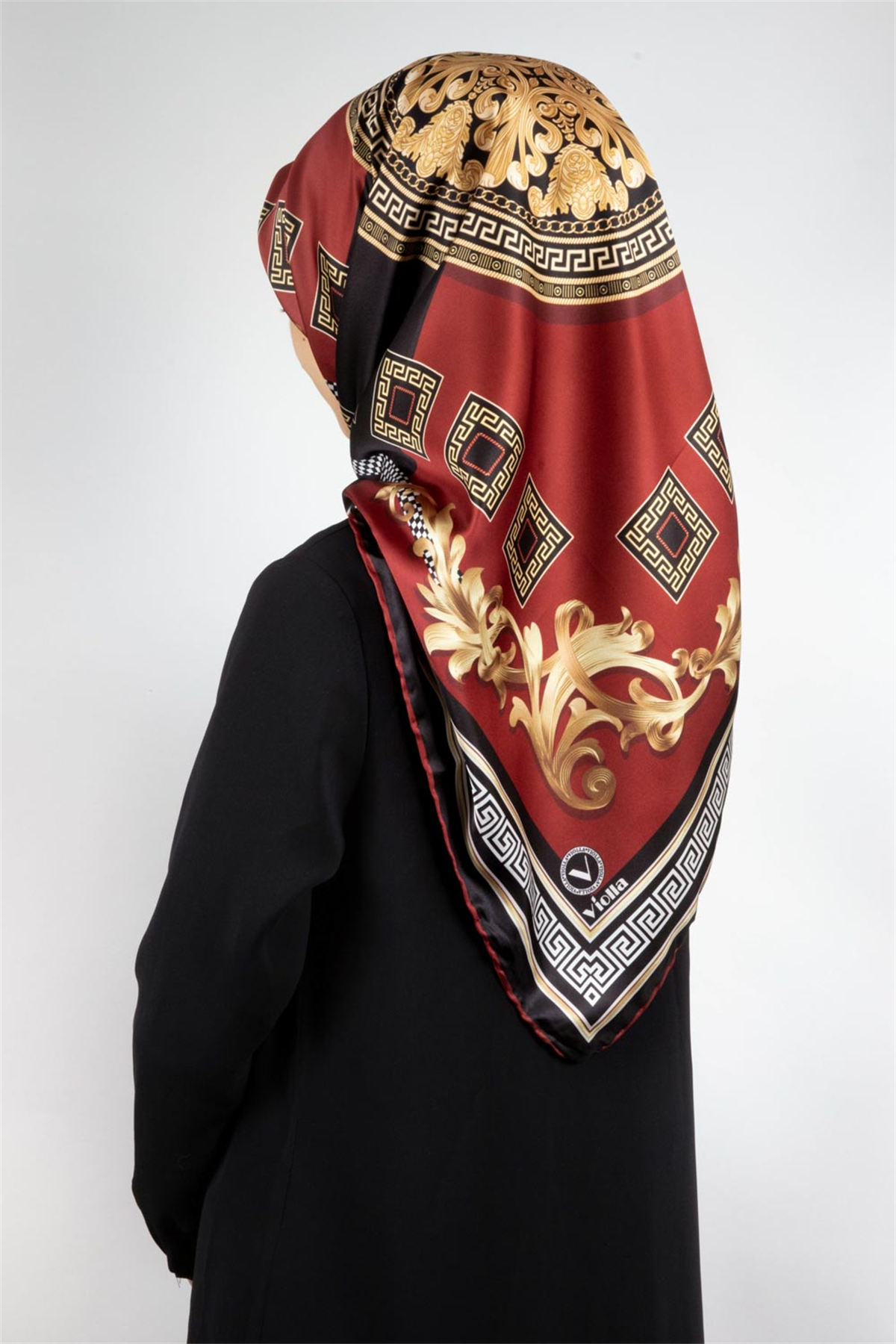 Twill Barok Desenli Bordo Renkli 90x90 Eşarp (İpek İçermez) Kenar Dikiş Şekli El Dikişli