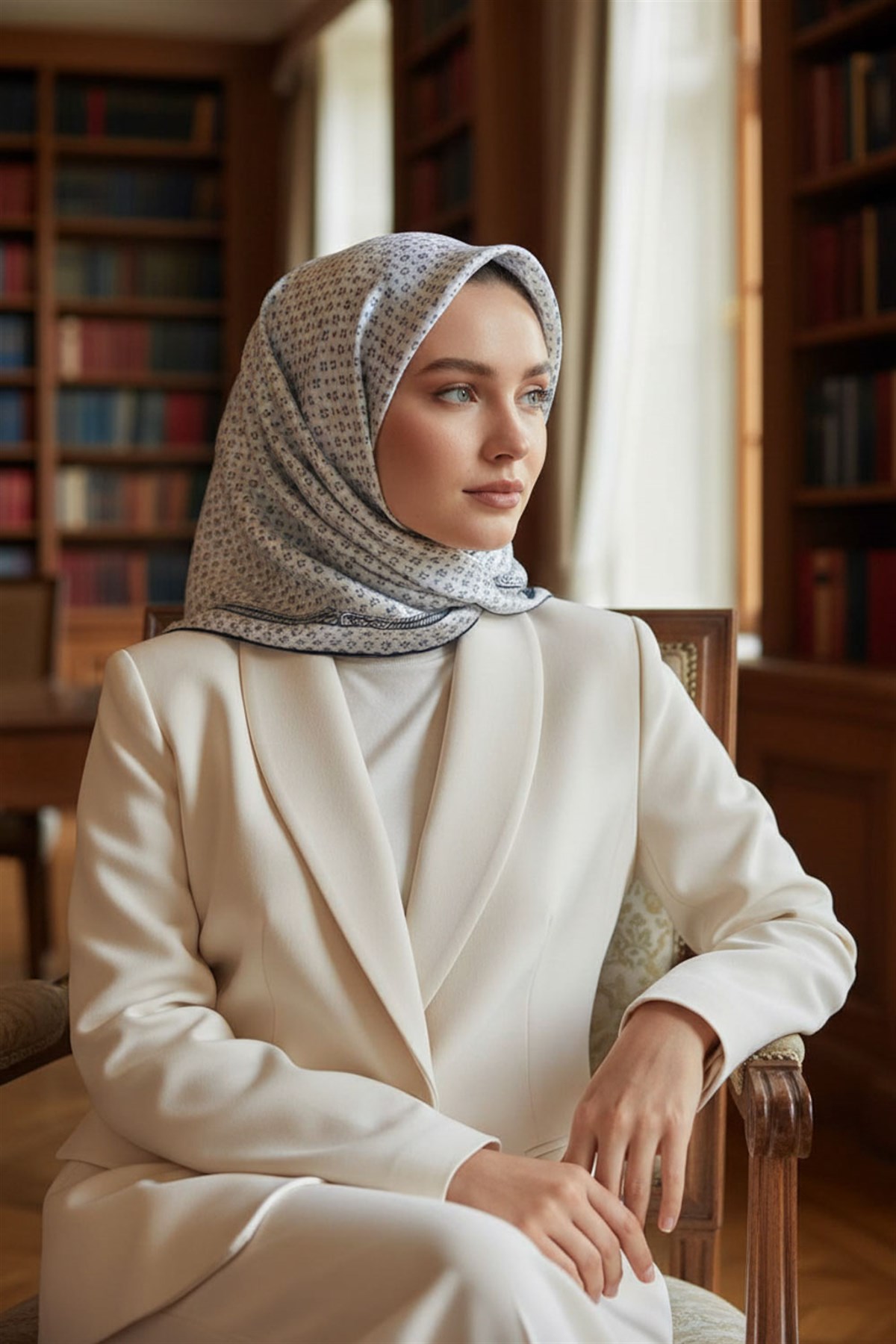 %57 İPEK %43 VİSKON Twill İpek Zincir Desenli Gümüş - Siyah Renkli 90x90 Eşarp Dikim Şekli : El Dikişi