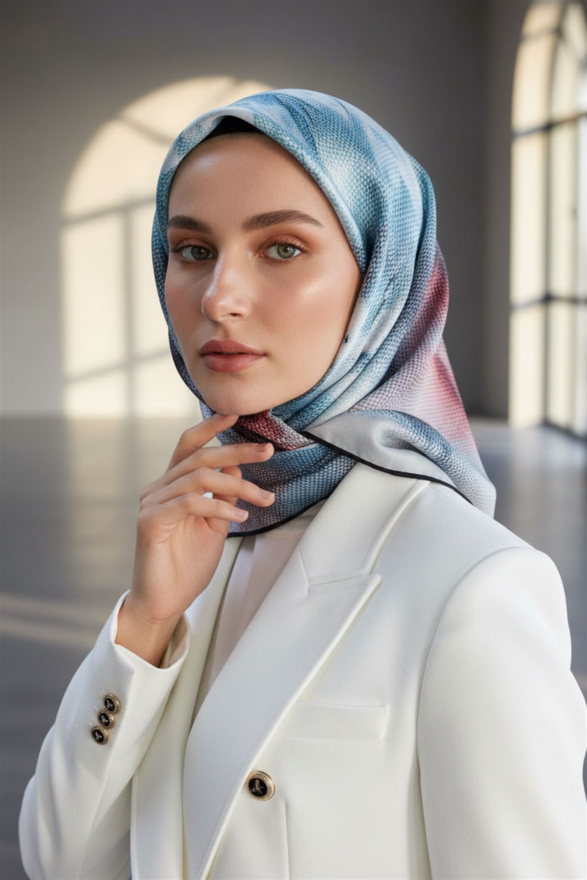 %100 Twill İpek Dokulu Ve Çiçek Desenli Turkuaz - Bordo Renkli 90x90 Eşarp Dikim Şekli : El Dikişi