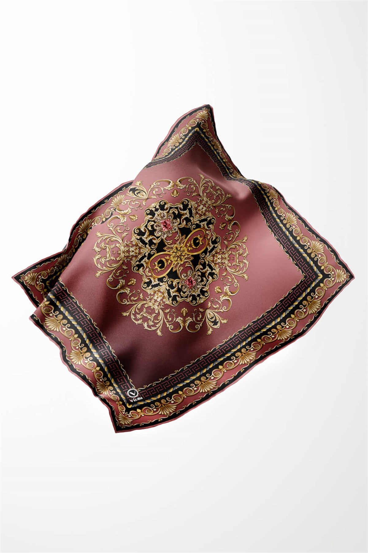 Twill Barok Desenli Gül Kurusu Renkli 90x90 Eşarp (İpek İçermez) Dikim Şekli : El Dikişi