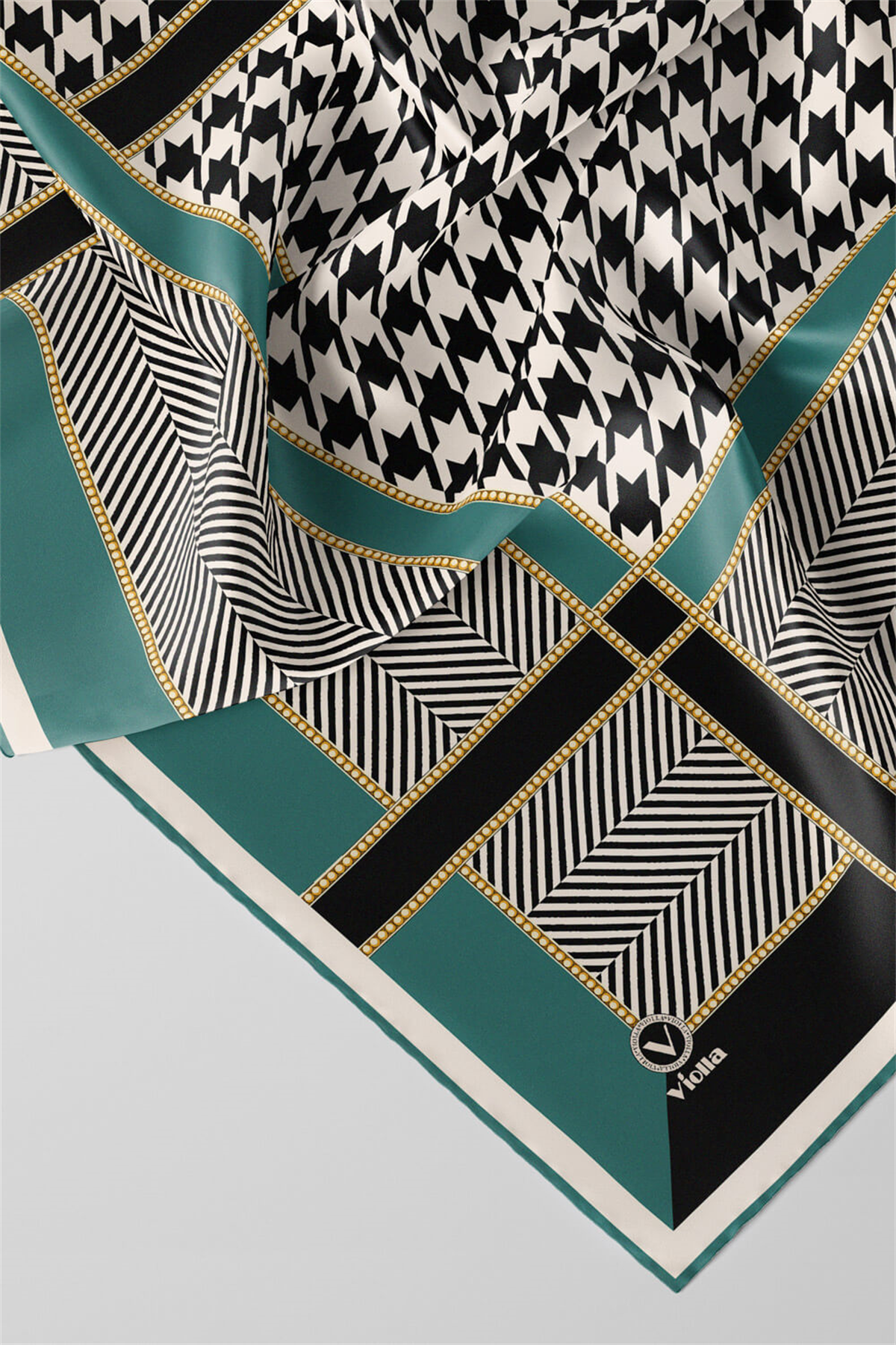 Twill Kazayağı Desenli Koyu Mint Yeşili Renkli 90x90 Eşarp (İpek İçermez) Kenar Dikiş Şekli El Dikişli