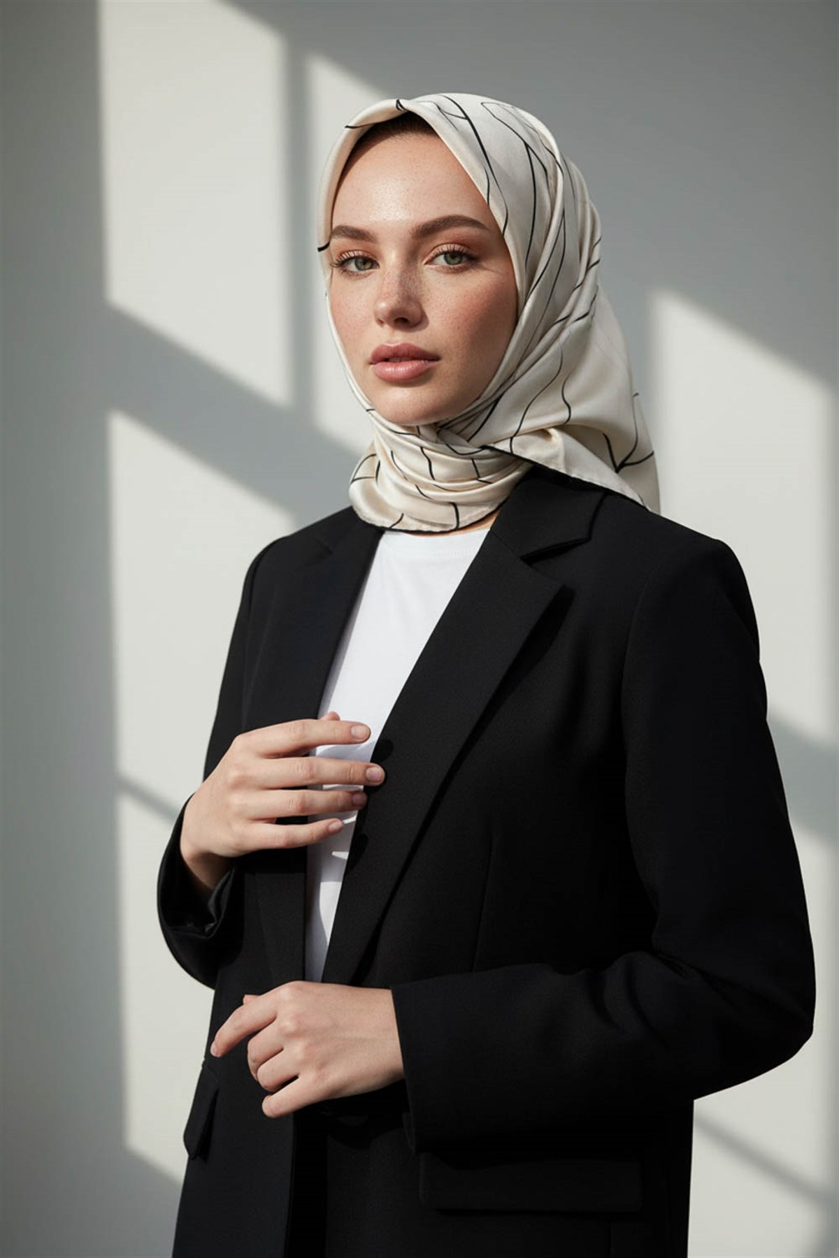 %100 Twill İpek Çizgi Desenli Krem - Siyah Renkli 90x90 Eşarp Dikim Şekli : El Dikişi