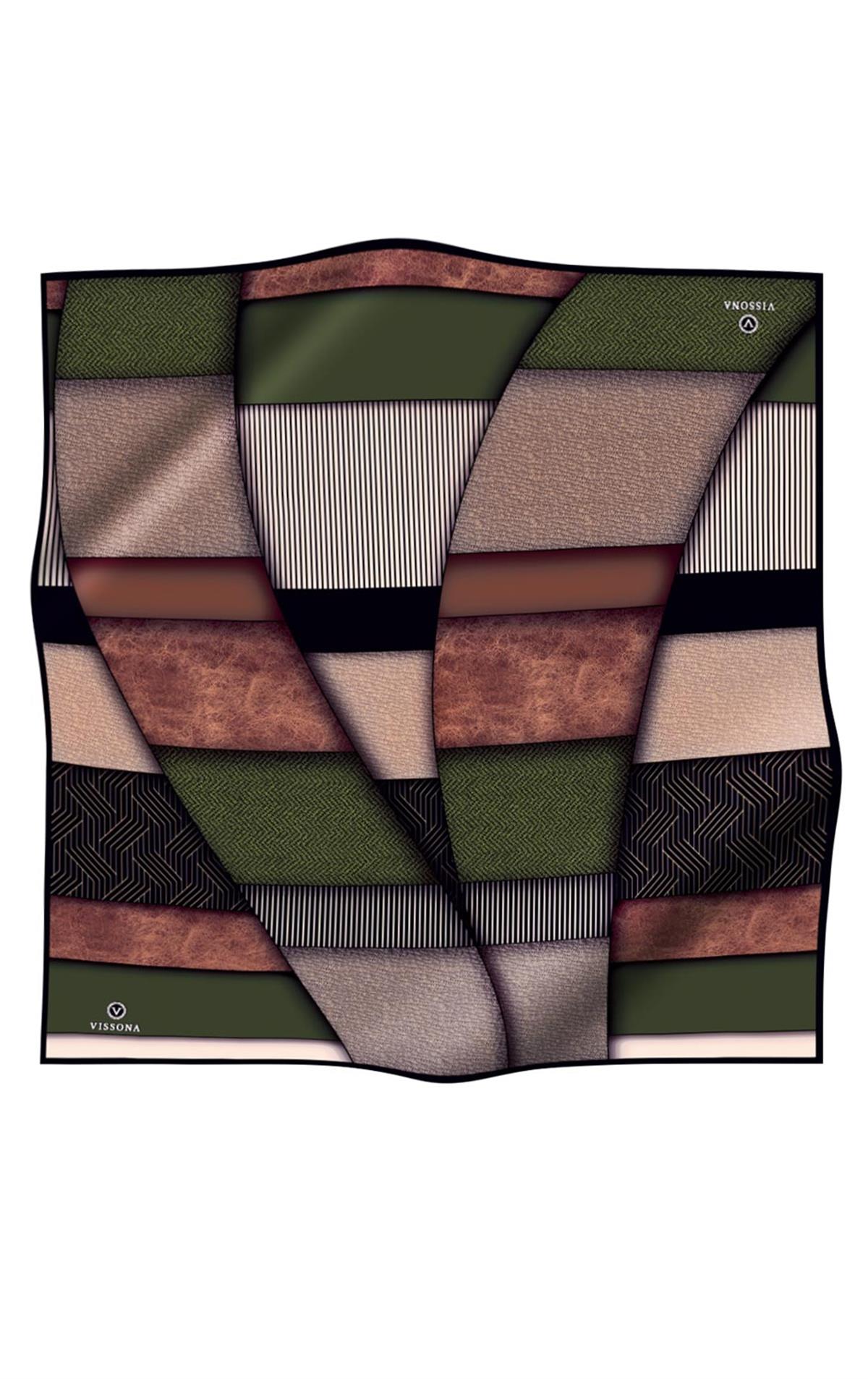 %100 Twill İpek Dokulu ve Geometrik Desenli Haki - Vizon Yeşili Renkli 90x90 Eşarp Dikim Şekli : El Dikişi