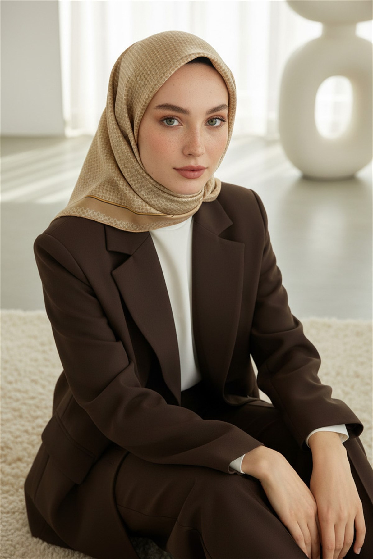 %100 Twill İpek Minik Motif Desenli Bej - Krem Renkli 90x90 Eşarp Dikim Şekli : El Dikişi