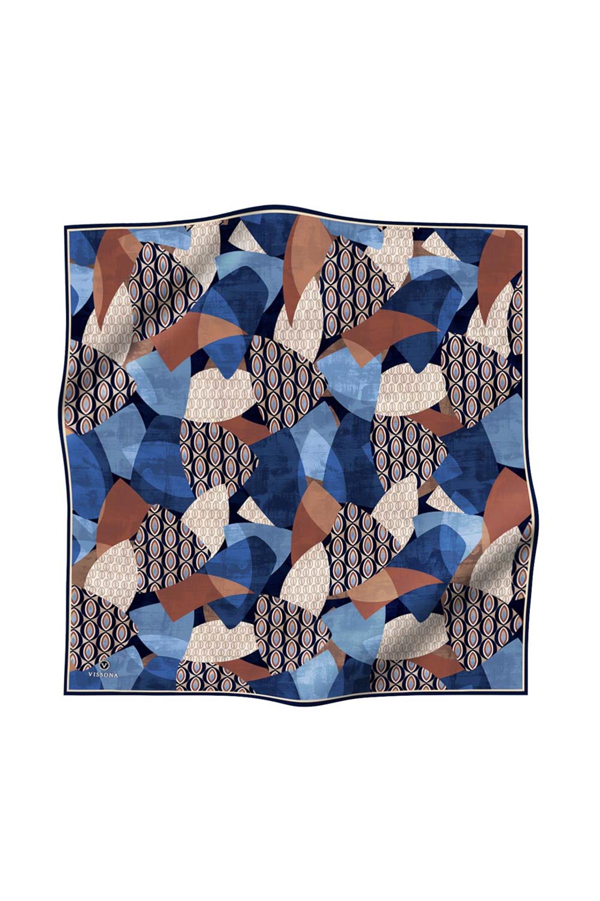 %100 Twill İpek Geometrik Desenli Lacivert- Taba Renkli 90x90 Eşarp Eşarp Kenar Dikiş Şekli El Dikişli