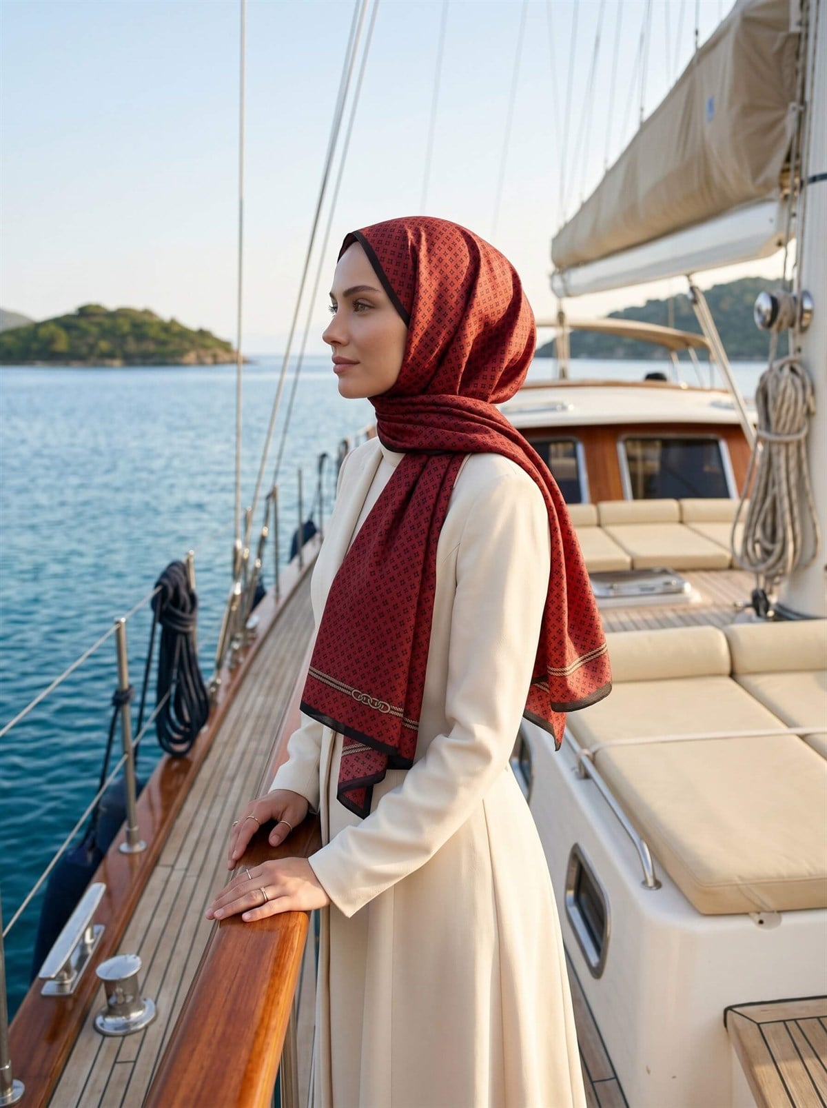 %100 İPEK ZİNCİR DESENLİ KIRMIZI - SİYAH RENKLİ ŞAL