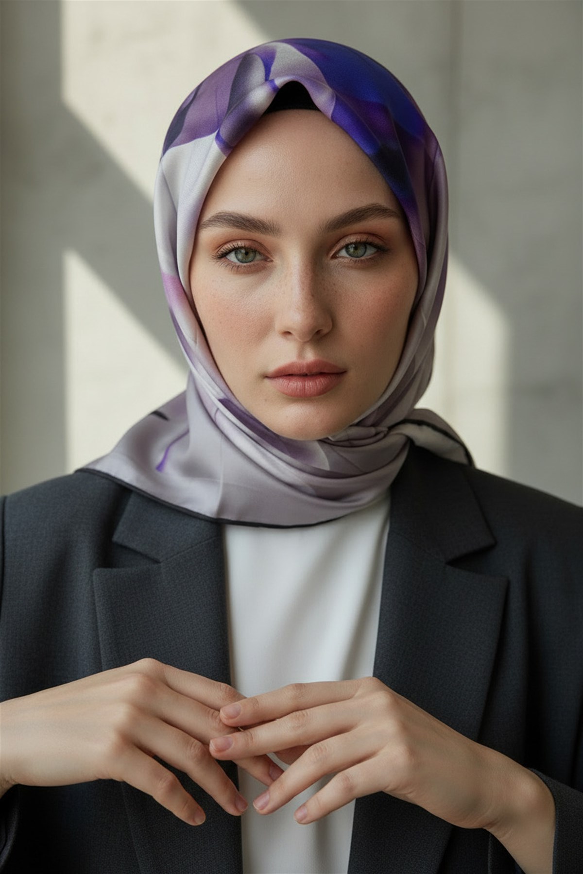 %100 Twill İpek Büyük Çiçek Desenli Gri - Saks Renkli 90x90 Eşarp Dikim Şekli : El Dikişi