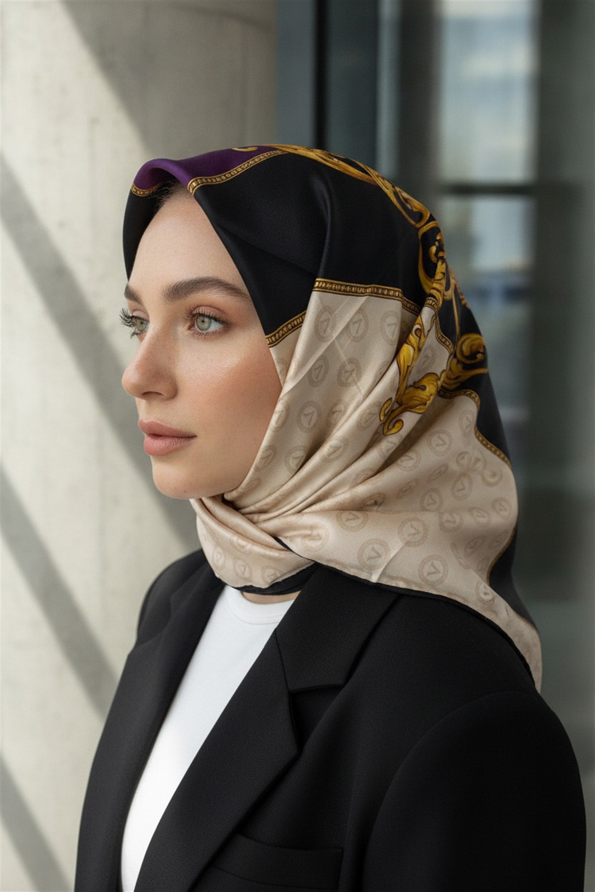 %100 Twill İpek Monogram Ve Barok Desenli Krem - Mürdüm Renkli 90x90 Eşarp Dikim Şekli : El Dikişi