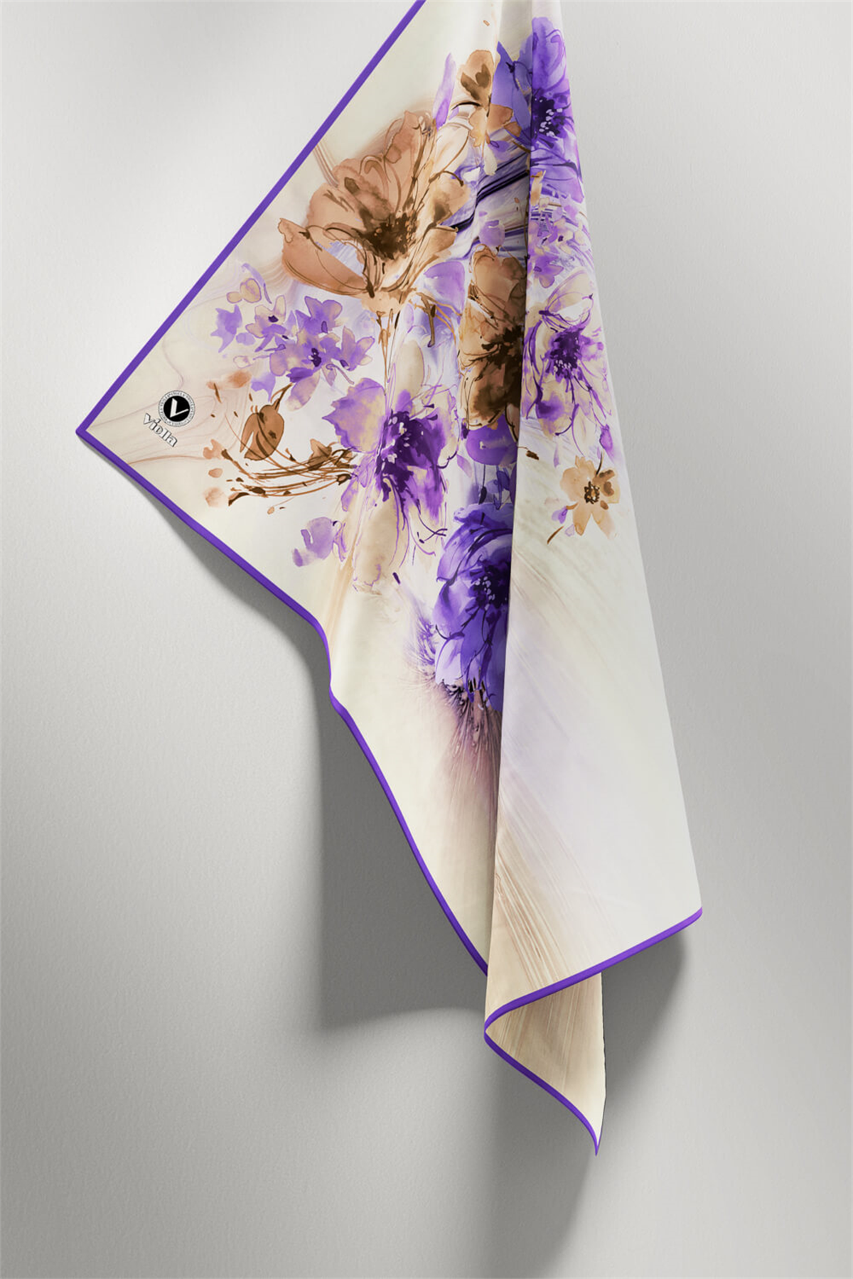 Twill Çiçek Desenli Mor Renkli 90x90 Eşarp (İpek İçermez) Kenar Dikiş Şekli El Dikişli