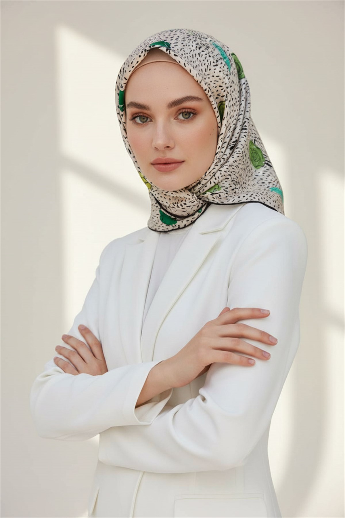 %100 Twill İpek Çıtır Çiçek Desenli Haki - Krem Renkli 90x90 Eşarp Dikim Şekli : El Dikişi