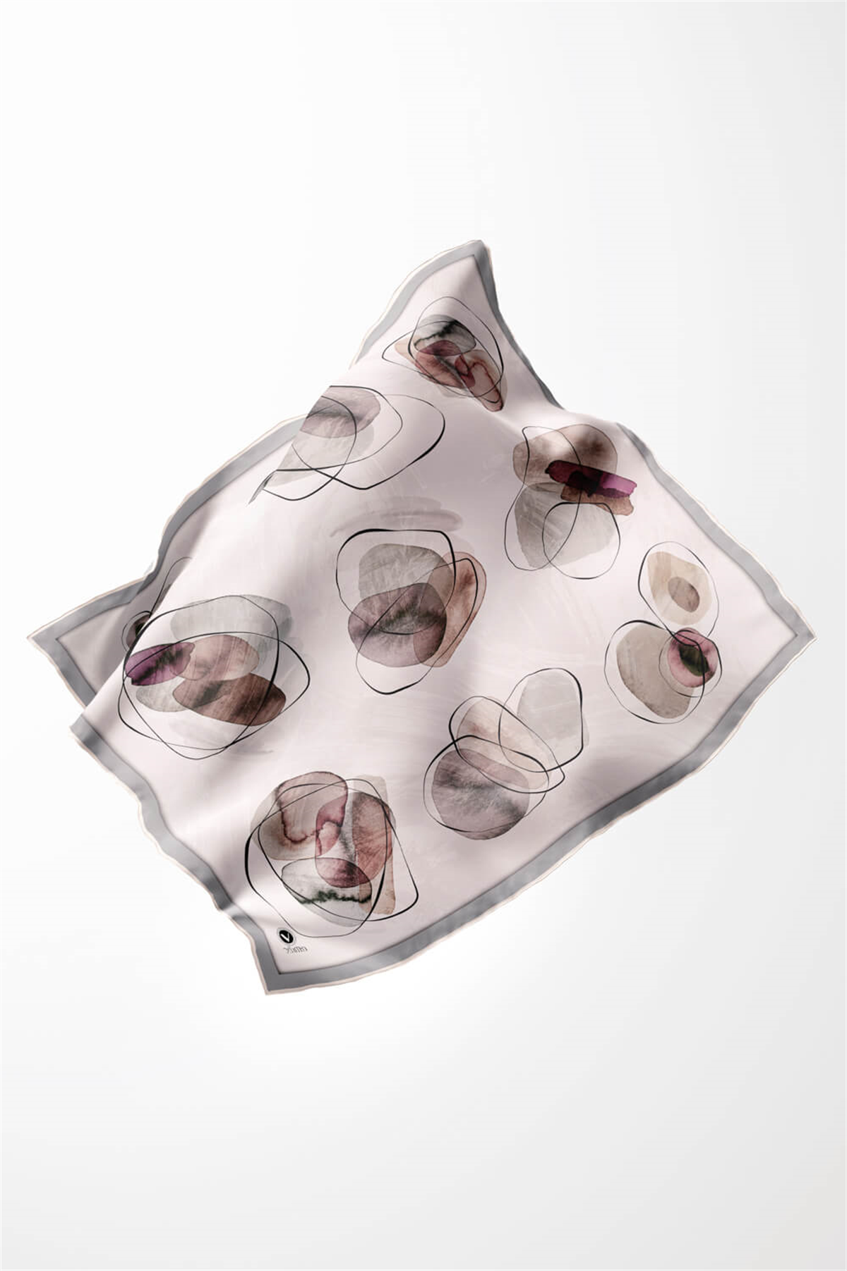 Twill Sulu Boya Geometrik Desenli Gri Renkli 90x90 Eşarp (İpek İçermez) Kenar Dikiş Şekli El Dikişli