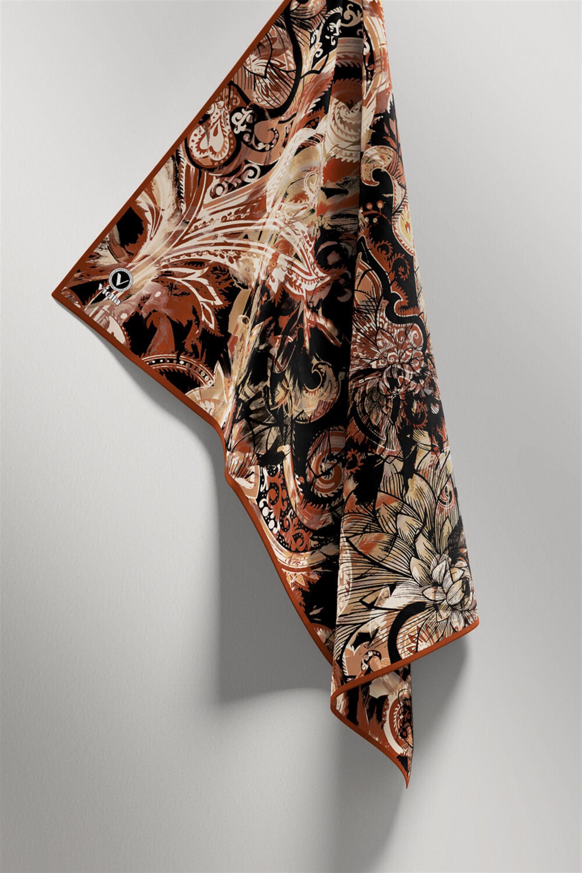Twill Şal Desenli Taba Renkli 90x90 Eşarp (İpek İçermez) Kenar Dikiş Şekli El Dikişli