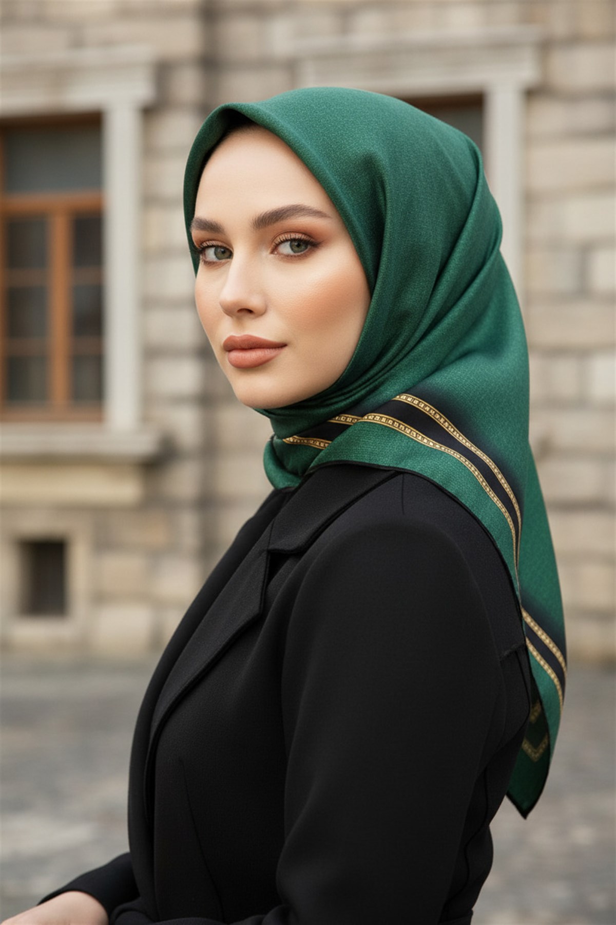 % 57 İPEK % 43 VİSKON Twill İpek Dokulu Şerit Desenli Siyah - Zümrüt Yeşili Renkli 90x90 Eşarp Dikim Şekli : El Dikişi