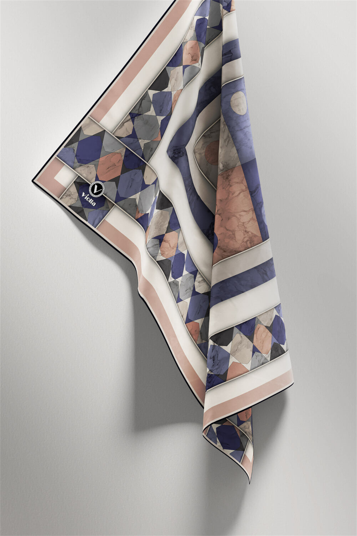 Twill Geometrik Mermer Desenli Pudra Renkli 90x90 Eşarp (İpek İçermez) Kenar Dikiş Şekli El Dikişli